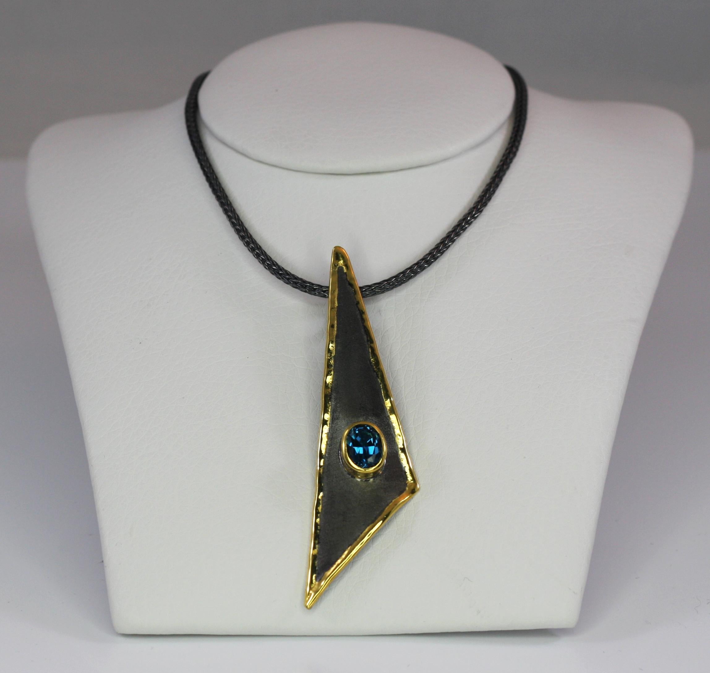 Yianni Creations Topaz Fine Silver Triangular Pendant on Silk Rope In New Condition For Sale In Astoria, NY