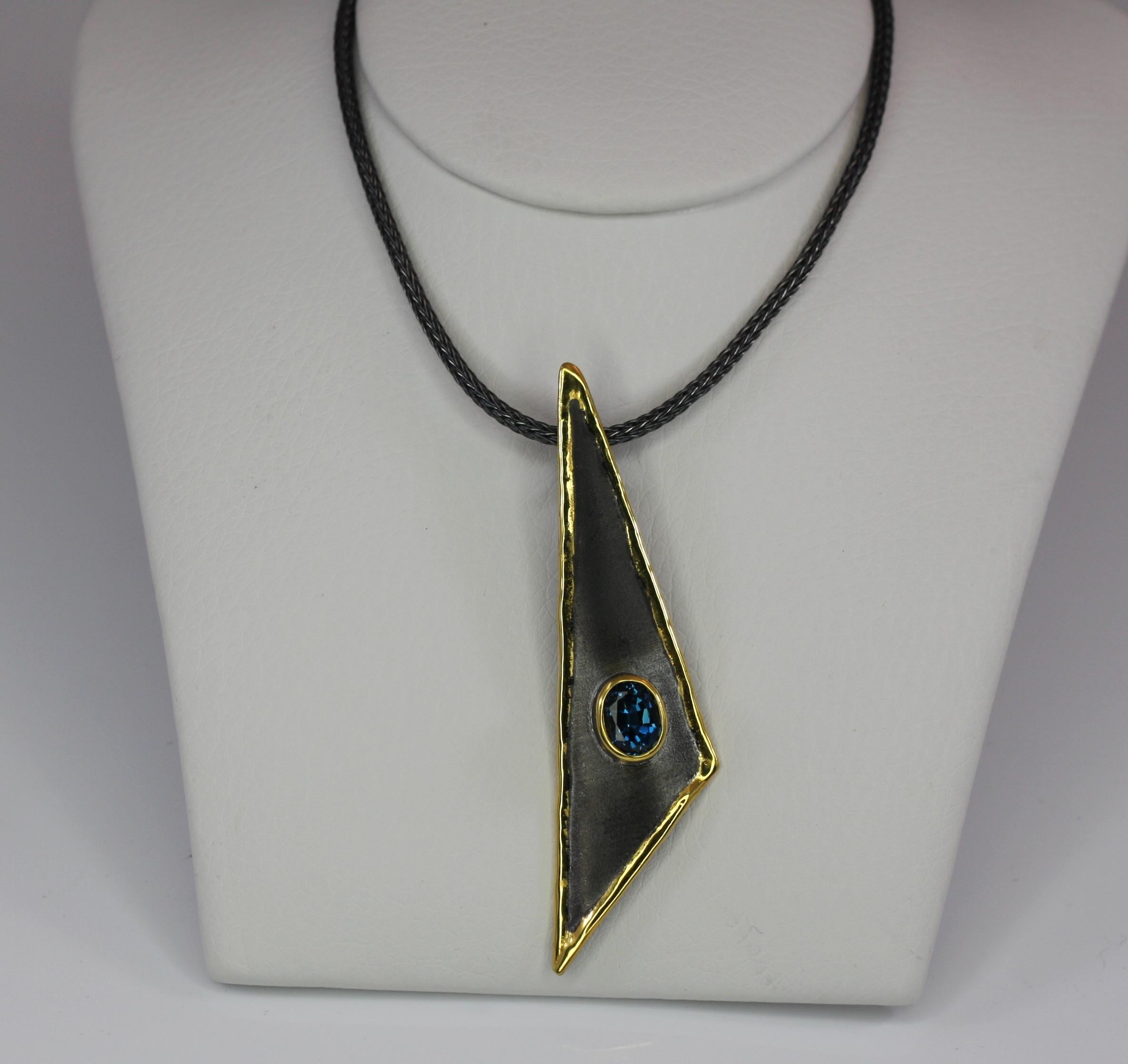 Women's or Men's Yianni Creations Topaz Fine Silver Triangular Pendant on Silk Rope For Sale