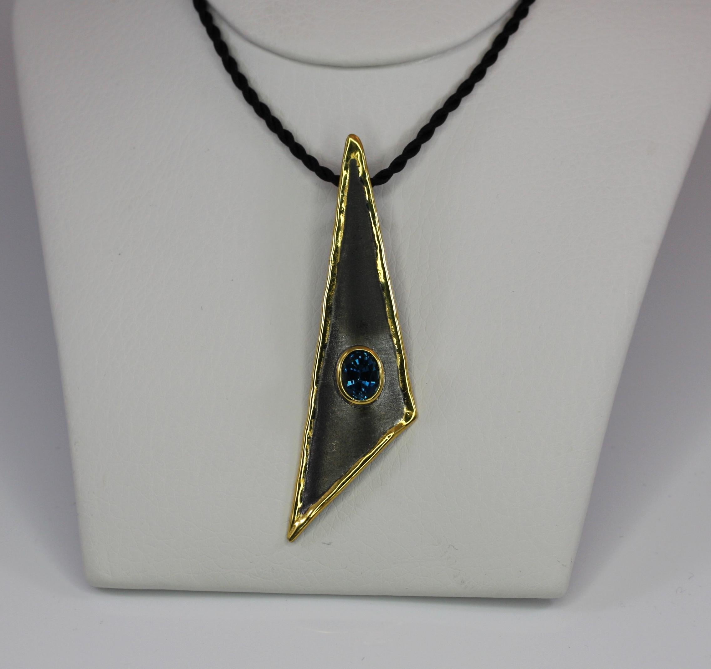 Yianni Creations Topaz Fine Silver Triangular Pendant on Silk Rope For Sale 1