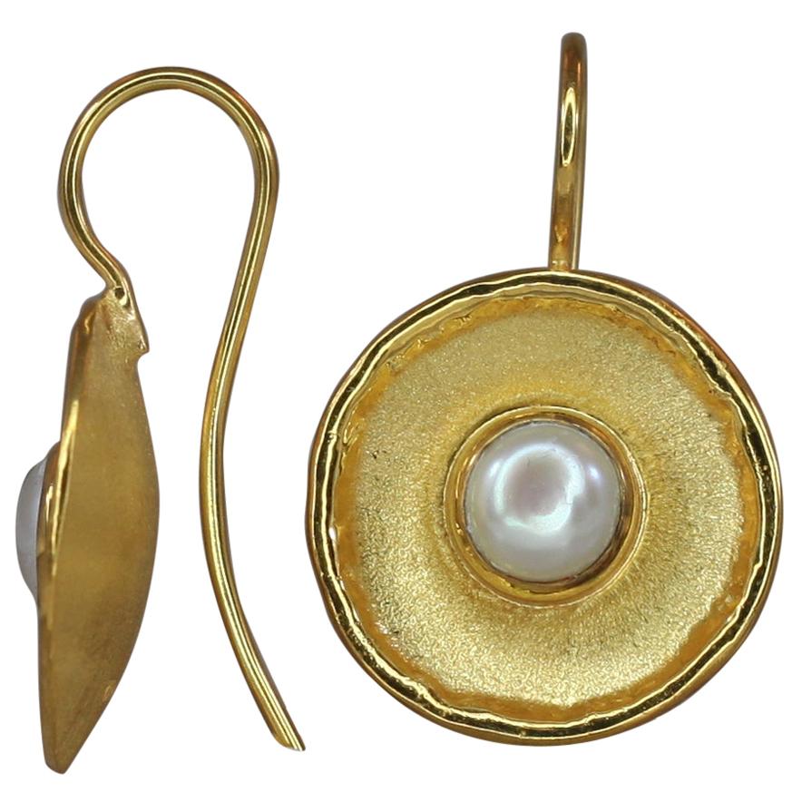 Yianni Creations Fresh Water Pearl Dangle Earrings in 18 Karat Yellow Gold For Sale