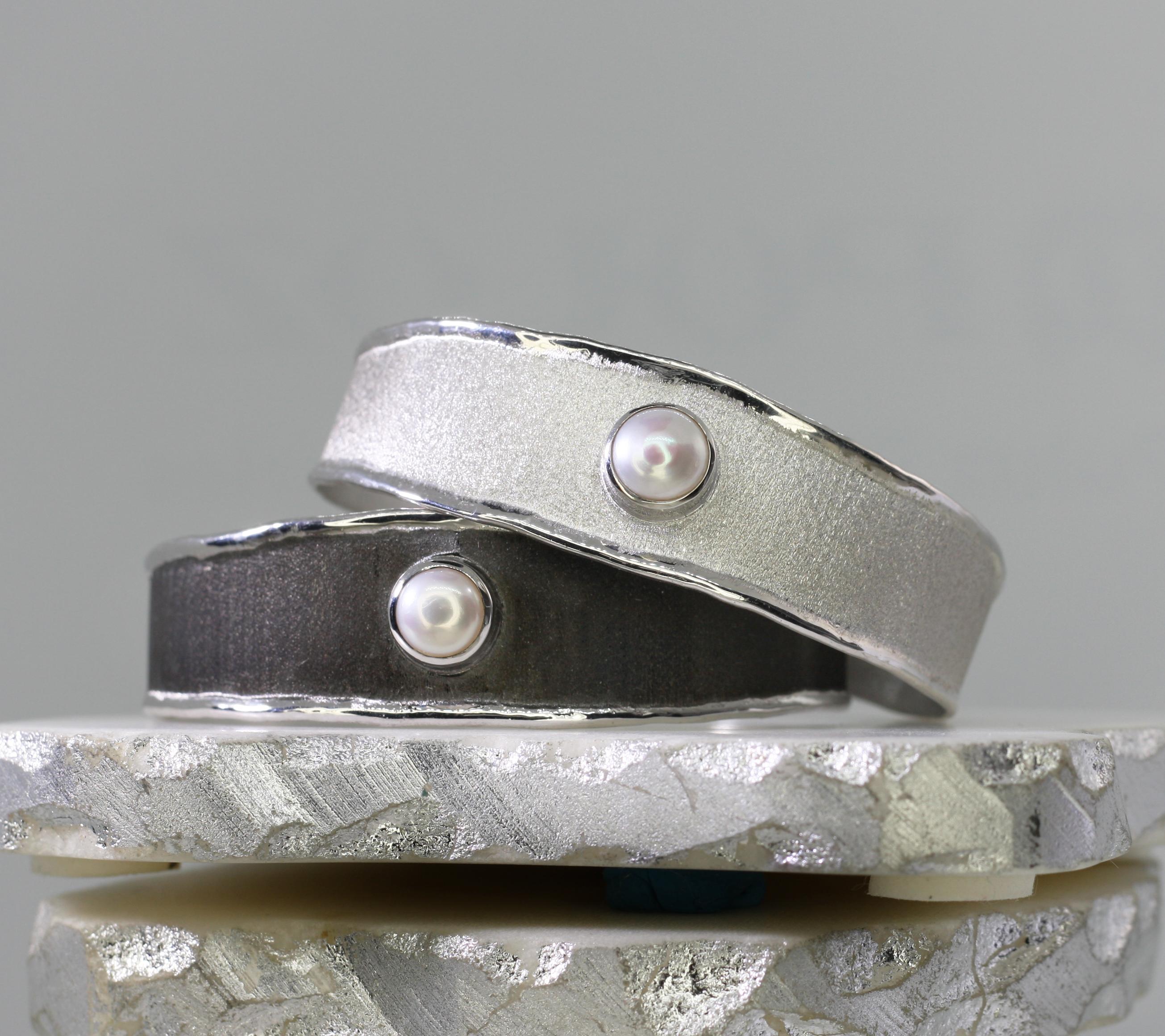 Yianni Creations Freshwater Pearl Fine Silver and Palladium Bangle Cuff Bracelet 8