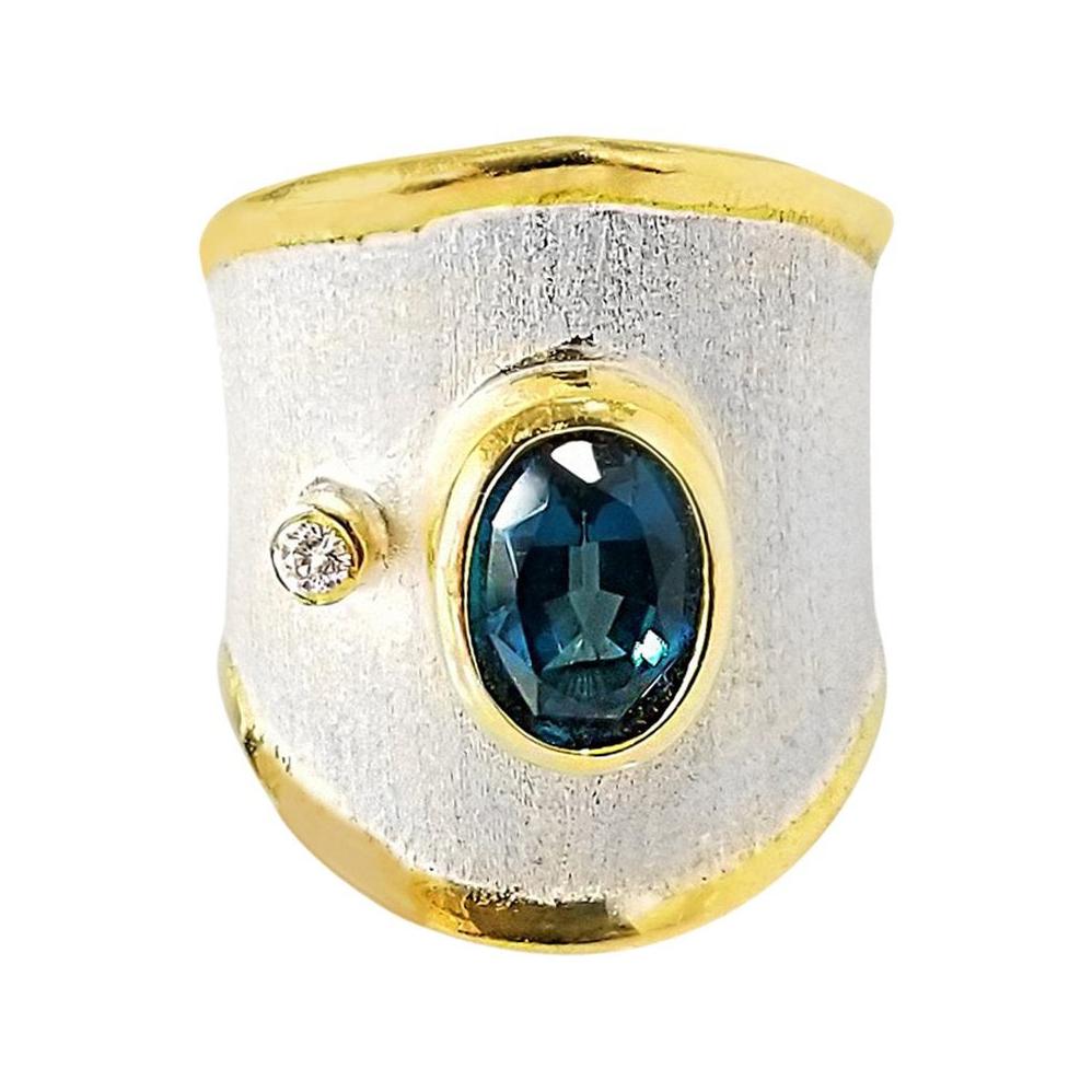 Yianni Creations London Blue Topaz and Diamond Fine Silver 24 Karat Gold Ring