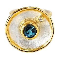 Yianni Creations Fine Silver and 24 Karat Gold London Blue Topaz Diamond Ring