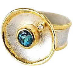 Yianni Creations Fine Silver and 24 Karat Gold London Blue Topaz Diamond Ring