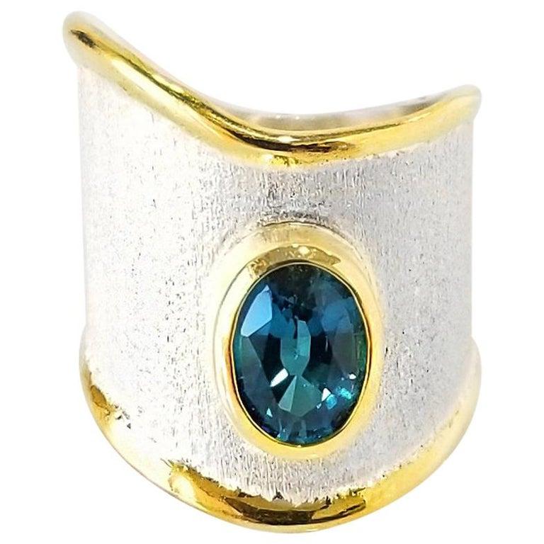 Yianni Creations London Blue Topaz Fine Silver 24 Karat Gold Two-Tone Band Ring In New Condition For Sale In Astoria, NY