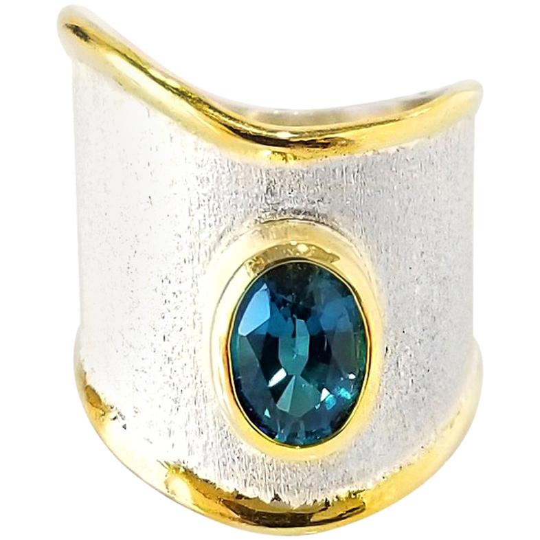 Yianni Creations London Blue Topaz Fine Silver 24 Karat Gold Two-Tone Band Ring