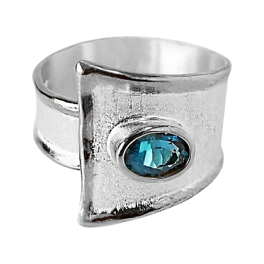 Yianni Creations London Verstellbarer Ring aus feinem Silber und Palladium mit blauem Topas
