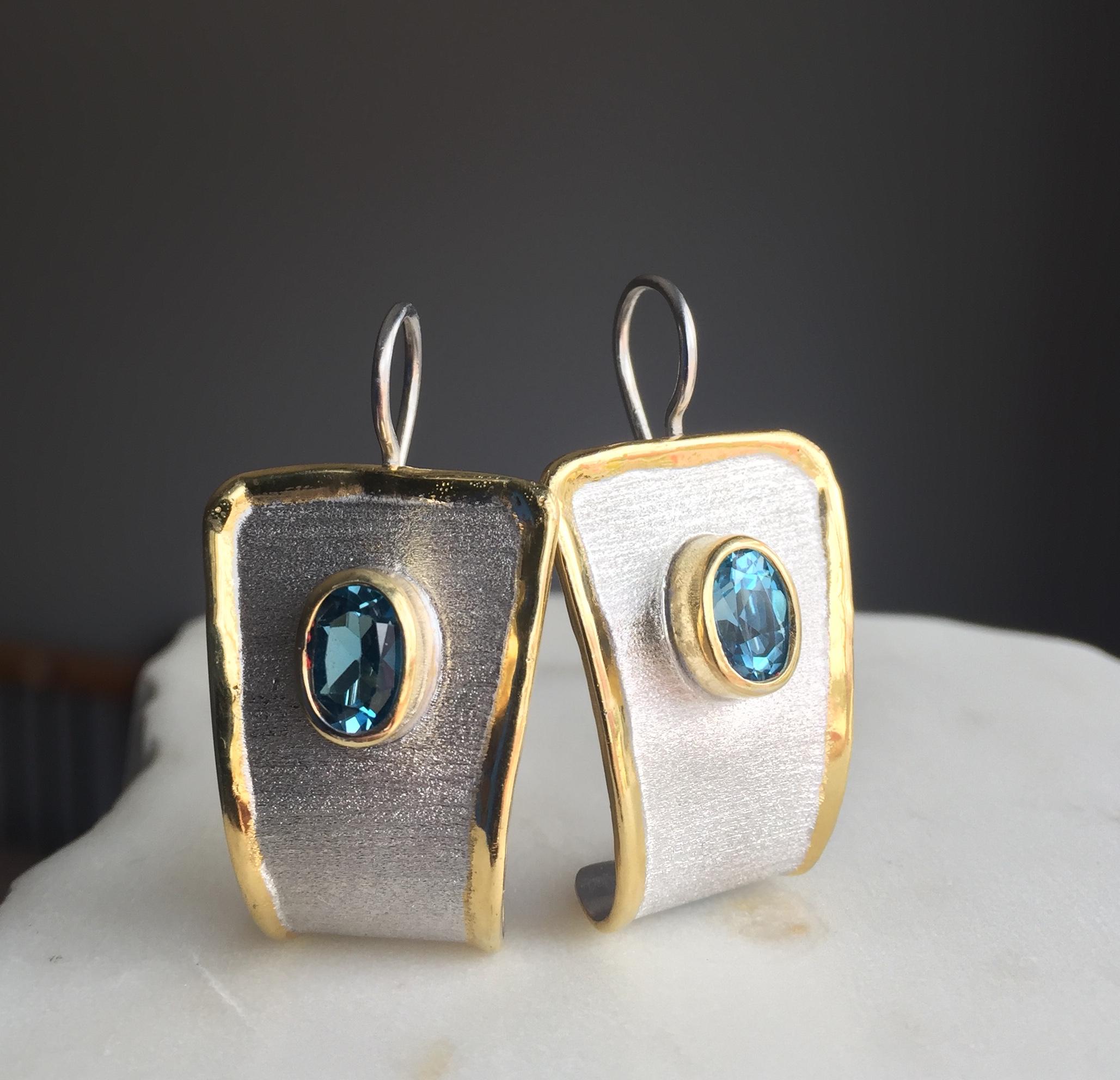 Yianni Creations London Blue Topaz Fine Silver Gold 24 Karat Two-Tone Earrings For Sale 4