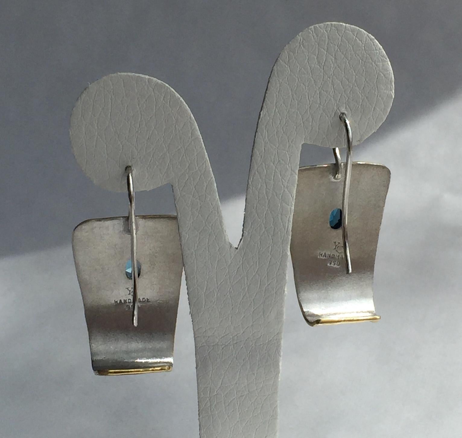 Yianni Creations London Blue Topaz Fine Silver Gold 24 Karat Two-Tone Earrings For Sale 1