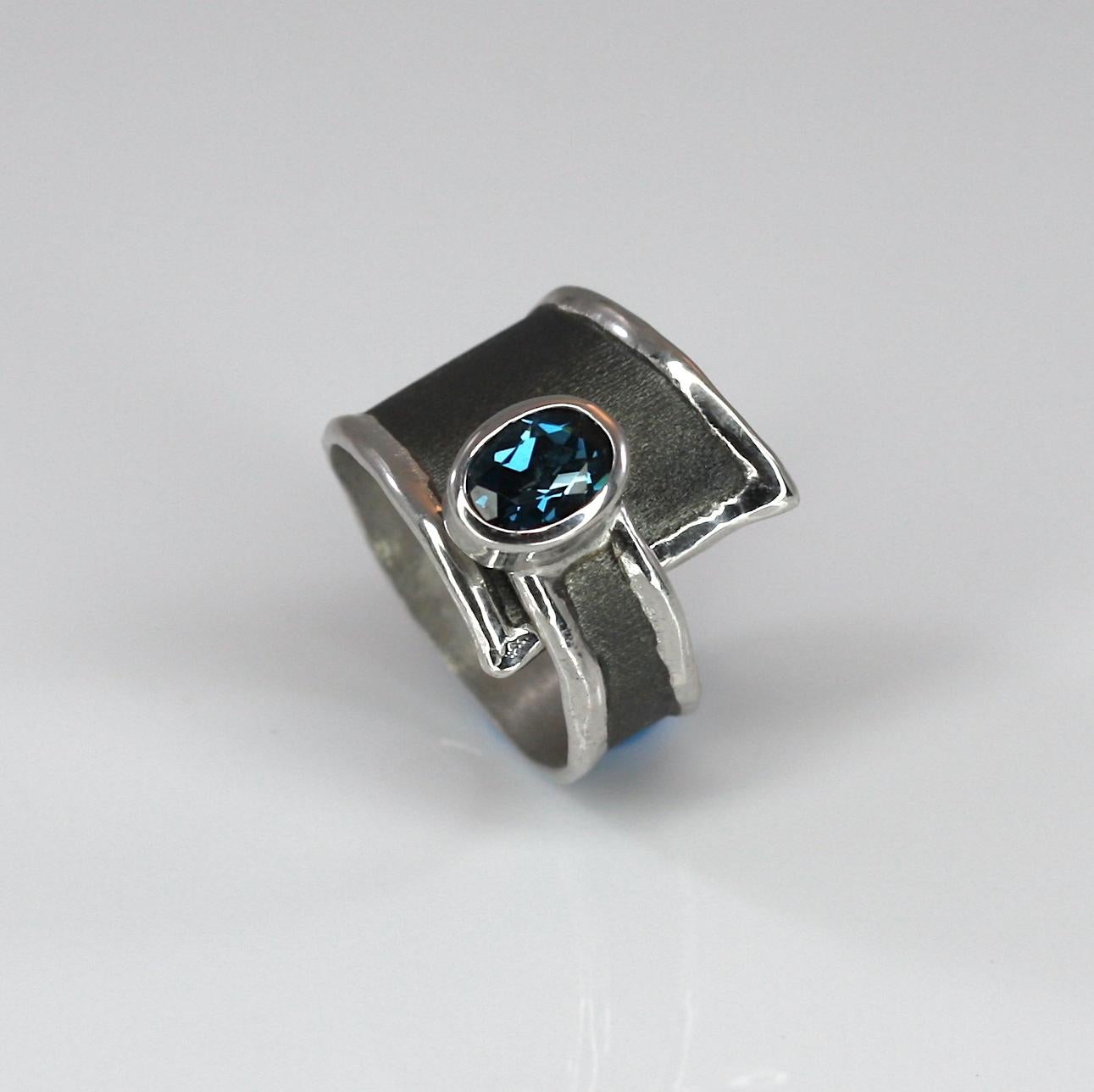 Yianni Creations London Blue Topaz Fine Silver and Black Rhodium Wide Band Ring 2
