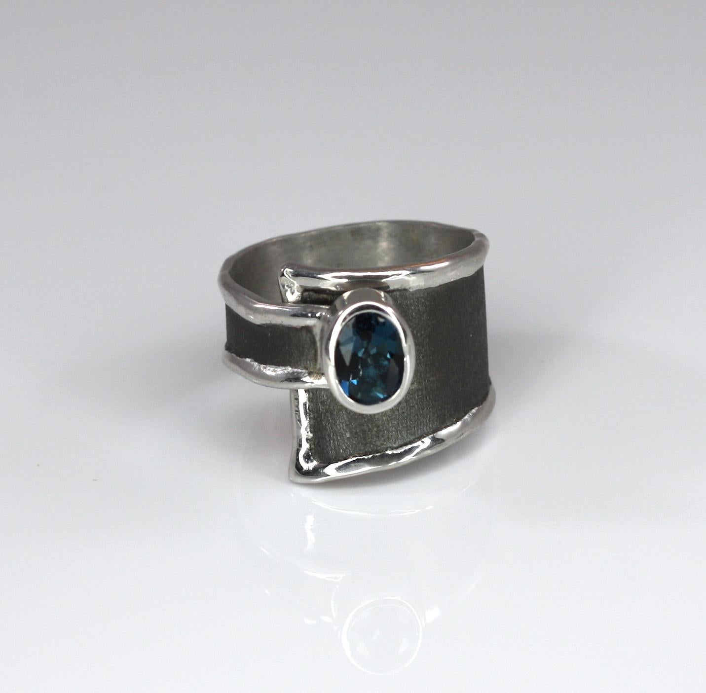 Contemporary Yianni Creations London Blue Topaz Fine Silver and Black Rhodium Wide Band Ring