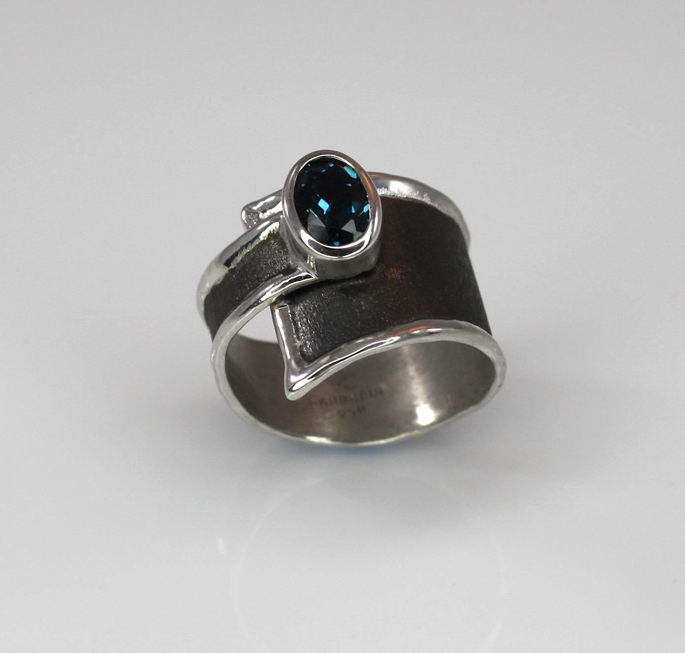 Oval Cut Yianni Creations London Blue Topaz Fine Silver and Black Rhodium Wide Band Ring