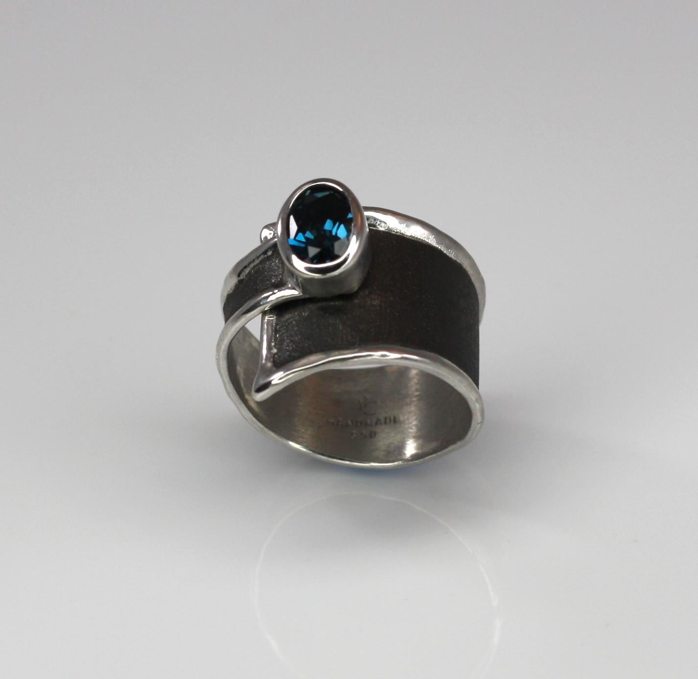 Yianni Creations London Blue Topaz Fine Silver and Black Rhodium Wide Band Ring In New Condition In Astoria, NY