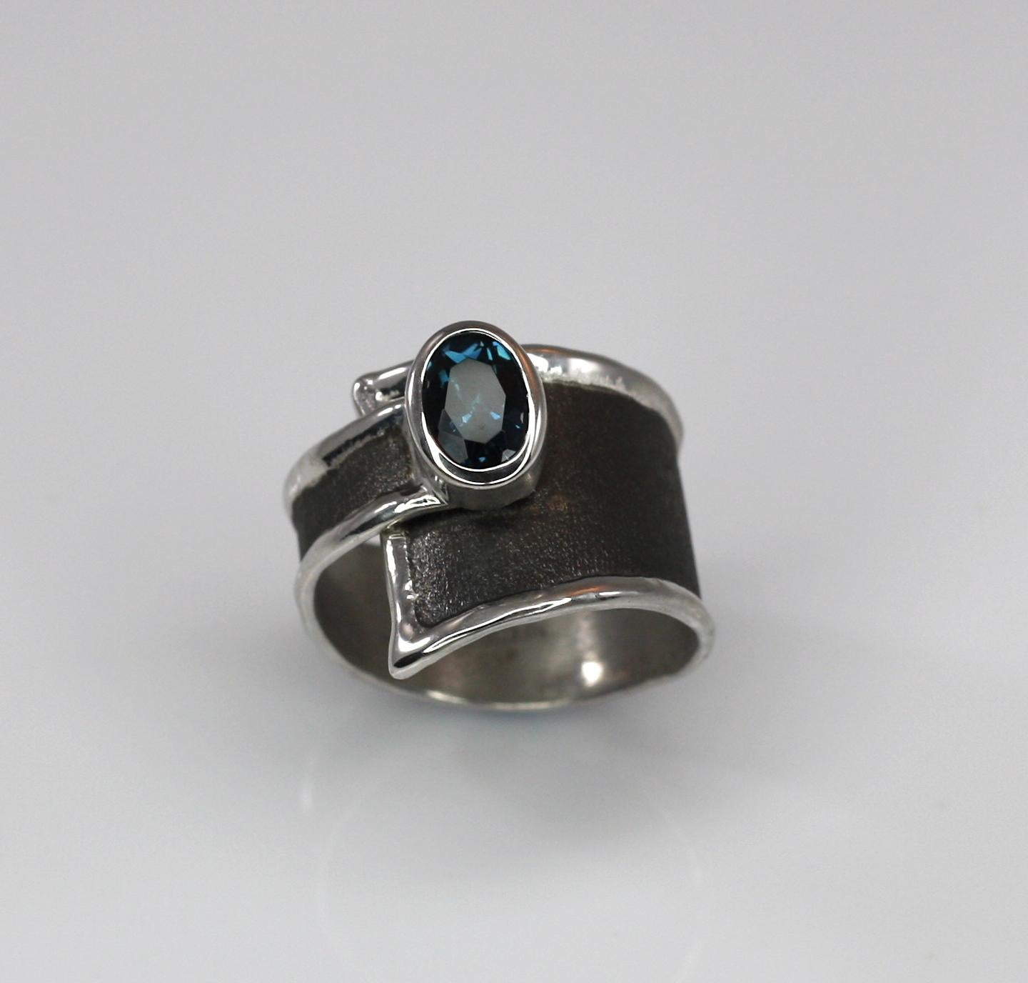 Yianni Creations London Blue Topaz Fine Silver and Black Rhodium Wide Band Ring 1