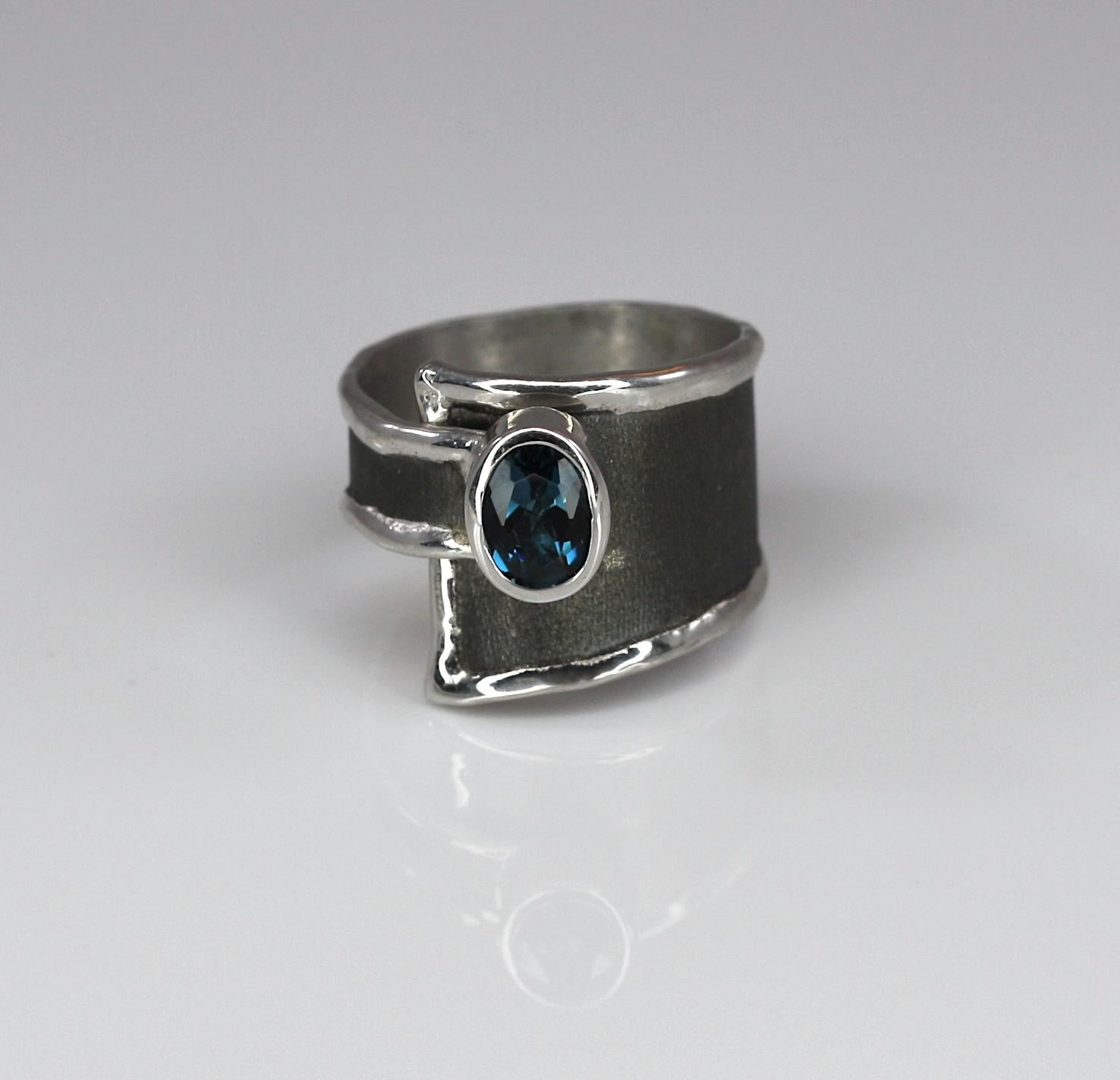 Yianni Creations London Blue Topaz Fine Silver and Black Rhodium Wide Band Ring 3