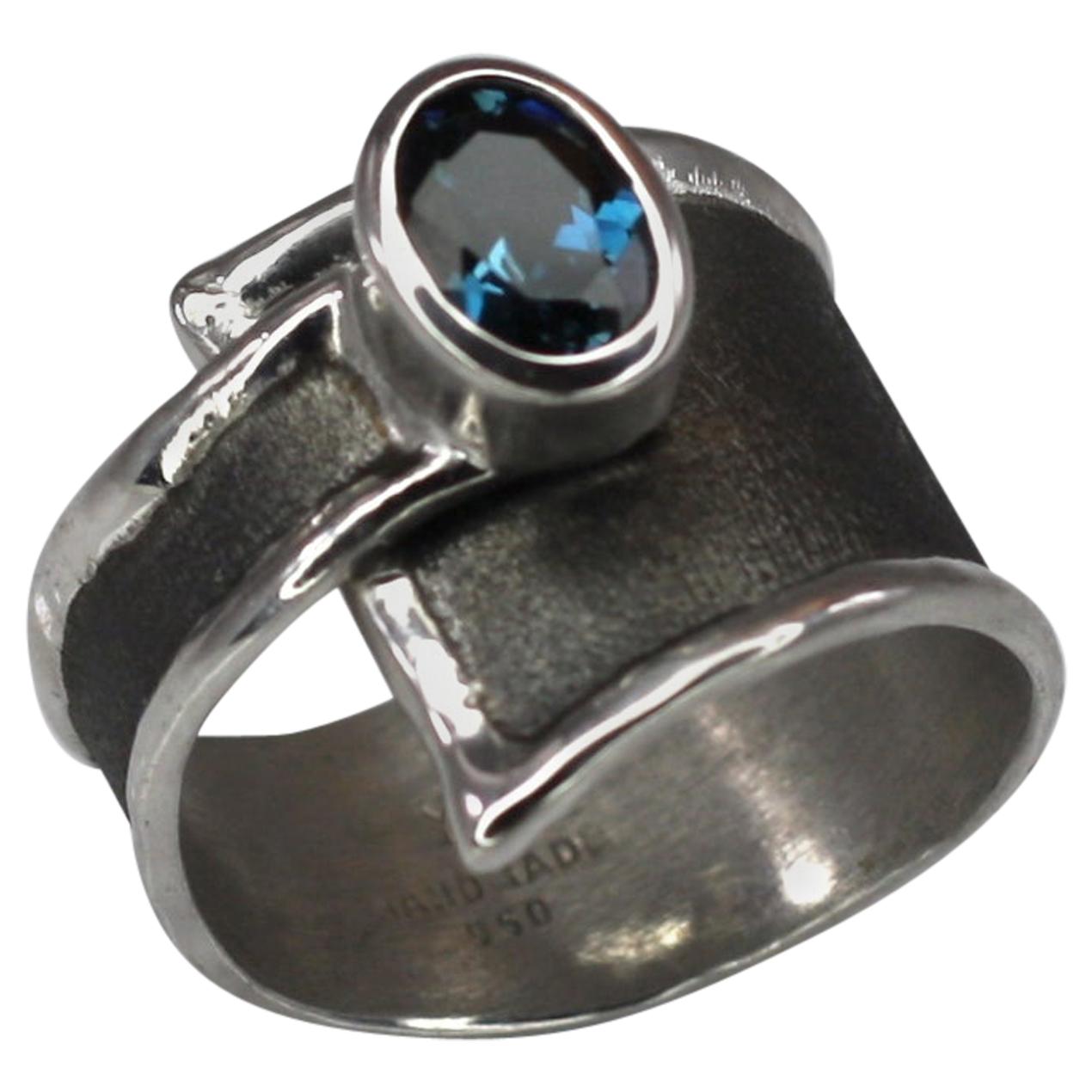 Yianni Creations London Blue Topaz Fine Silver and Black Rhodium Wide Band Ring