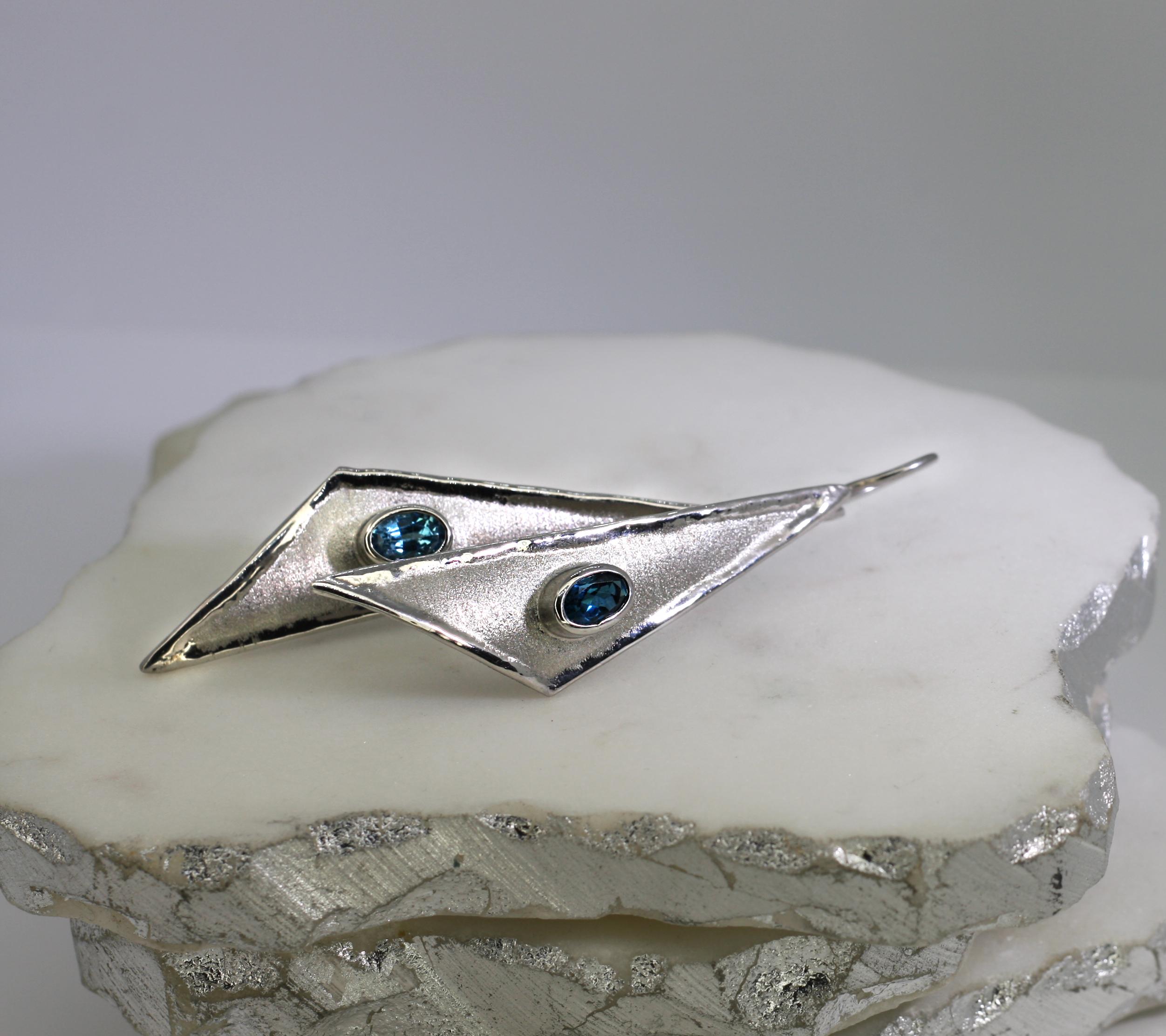 Yianni Creations Oval London Blue Topaz Fine Silver Dangle Long Shinny Earrings For Sale 8