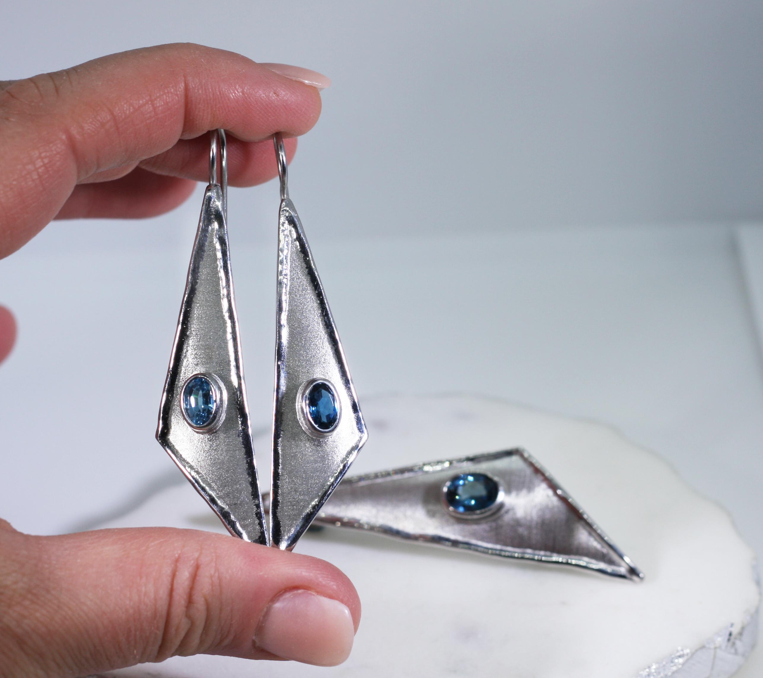 Yianni Creations Oval London Blue Topaz Fine Silver Dangle Long Shinny Earrings For Sale 9