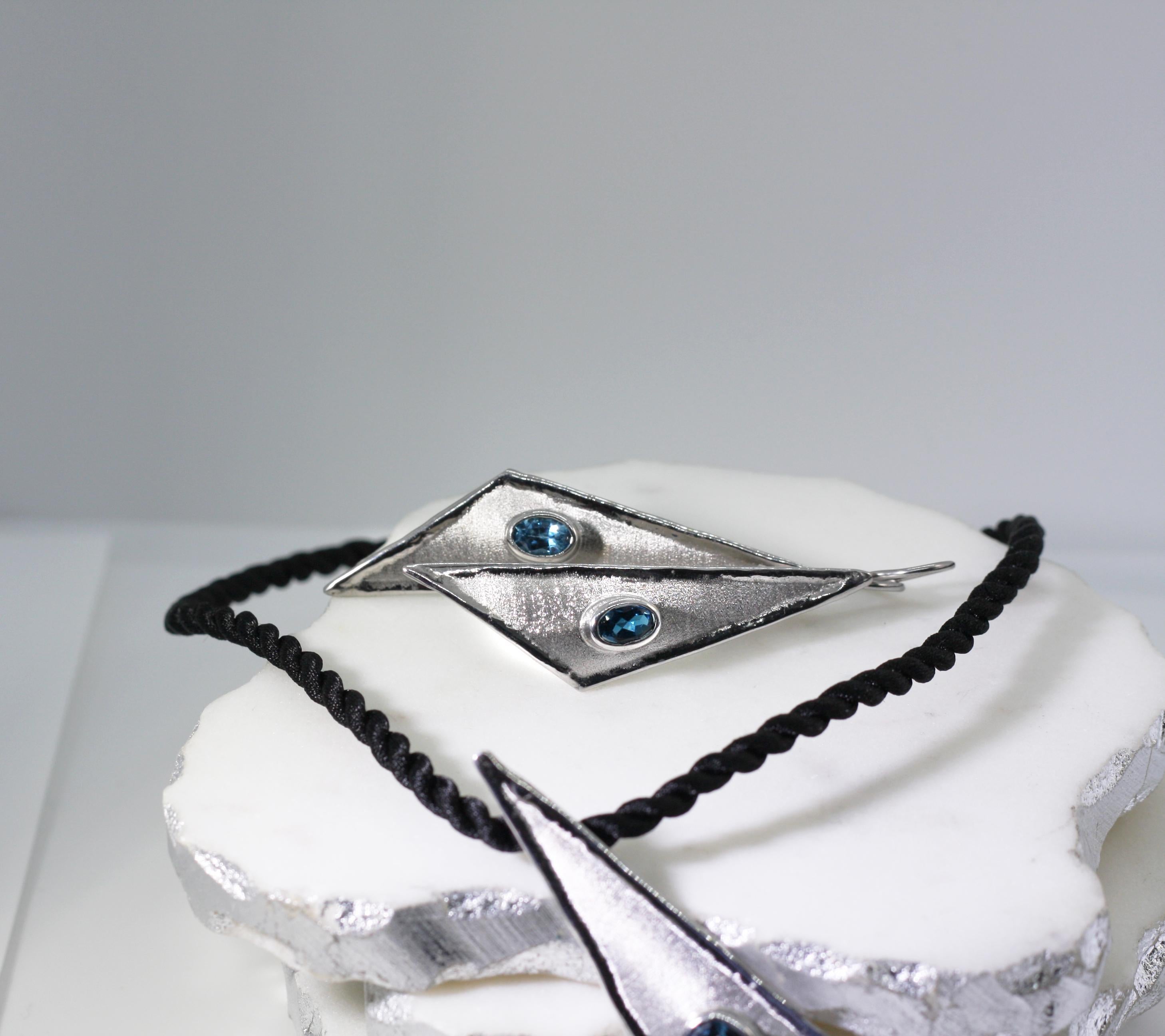 Yianni Creations Oval London Blue Topaz Fine Silver Dangle Long Shinny Earrings For Sale 1
