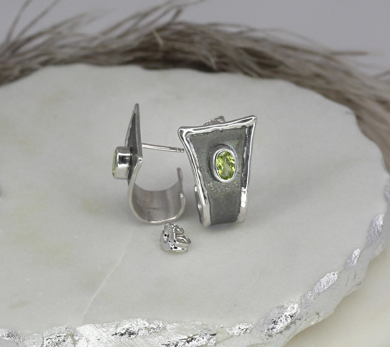 Yianni Creations Oval Peridot Fine Silver and Black Rhodium Stud Hoop Earrings 4