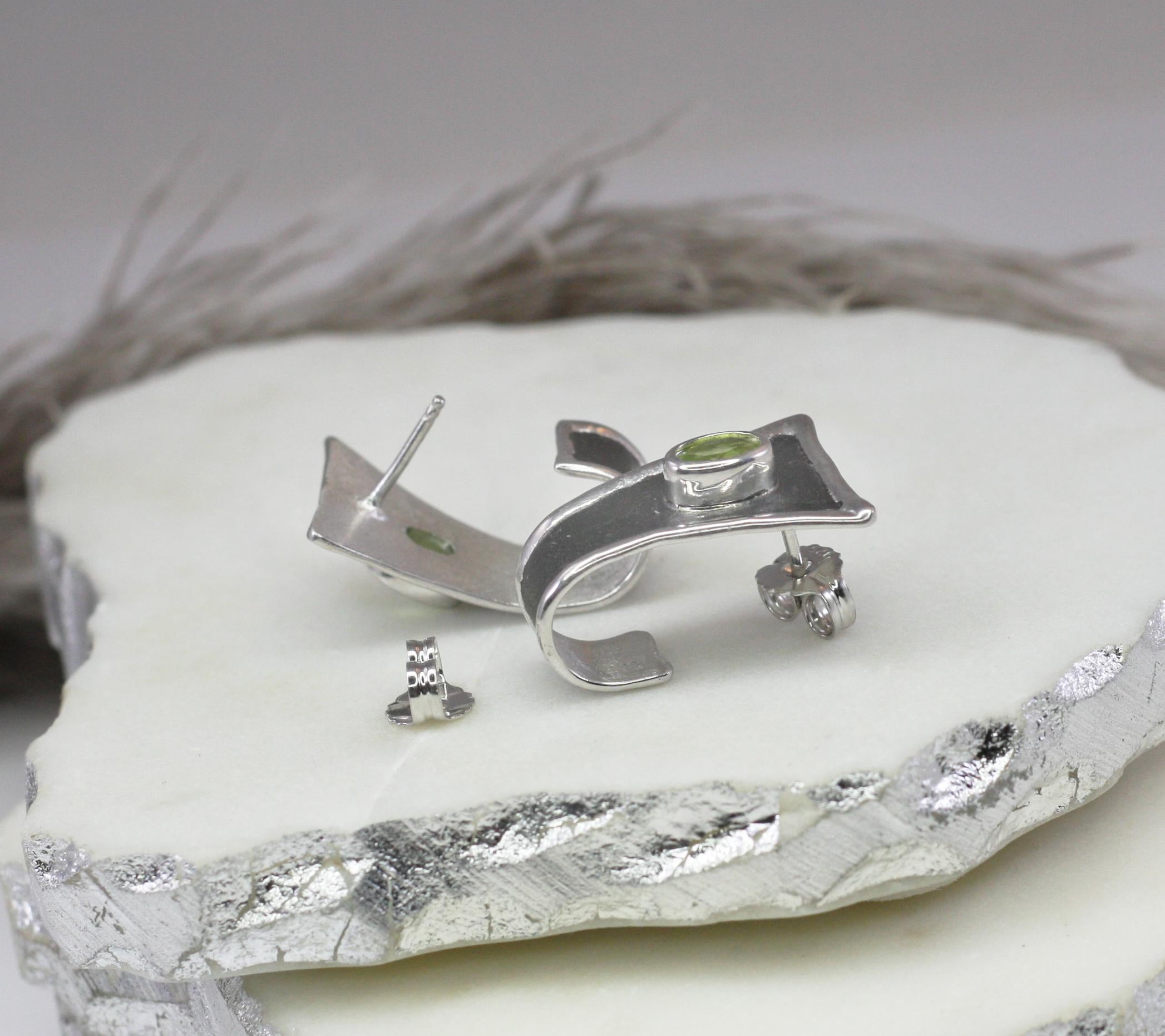 Oval Cut Yianni Creations Oval Peridot Fine Silver and Black Rhodium Stud Hoop Earrings