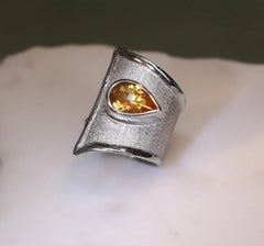 Yianni Creations Pear Shape Citrine Fine Silver and Palladium Wide Band Ring