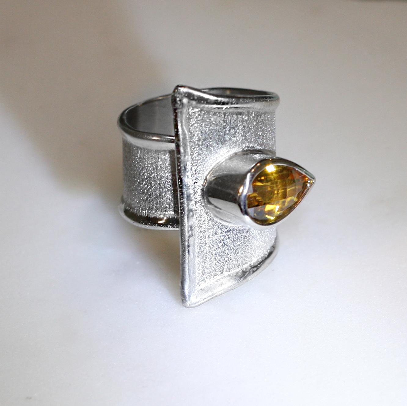 Contemporary Yianni Creations Pear Shape Citrine Fine Silver and Palladium Wide Band Ring For Sale