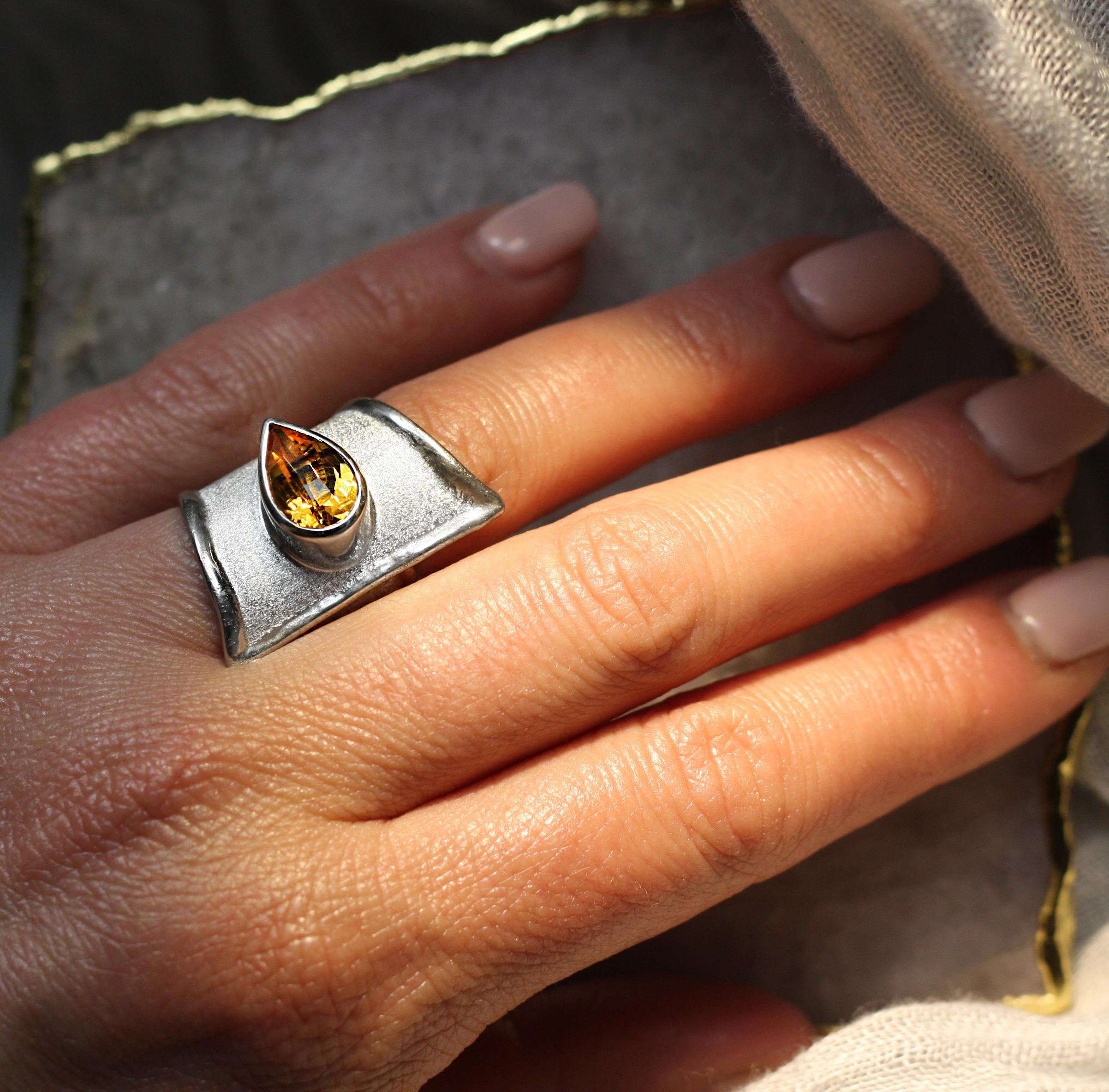 Pear Cut Yianni Creations Pear Shape Citrine Fine Silver and Palladium Wide Band Ring For Sale
