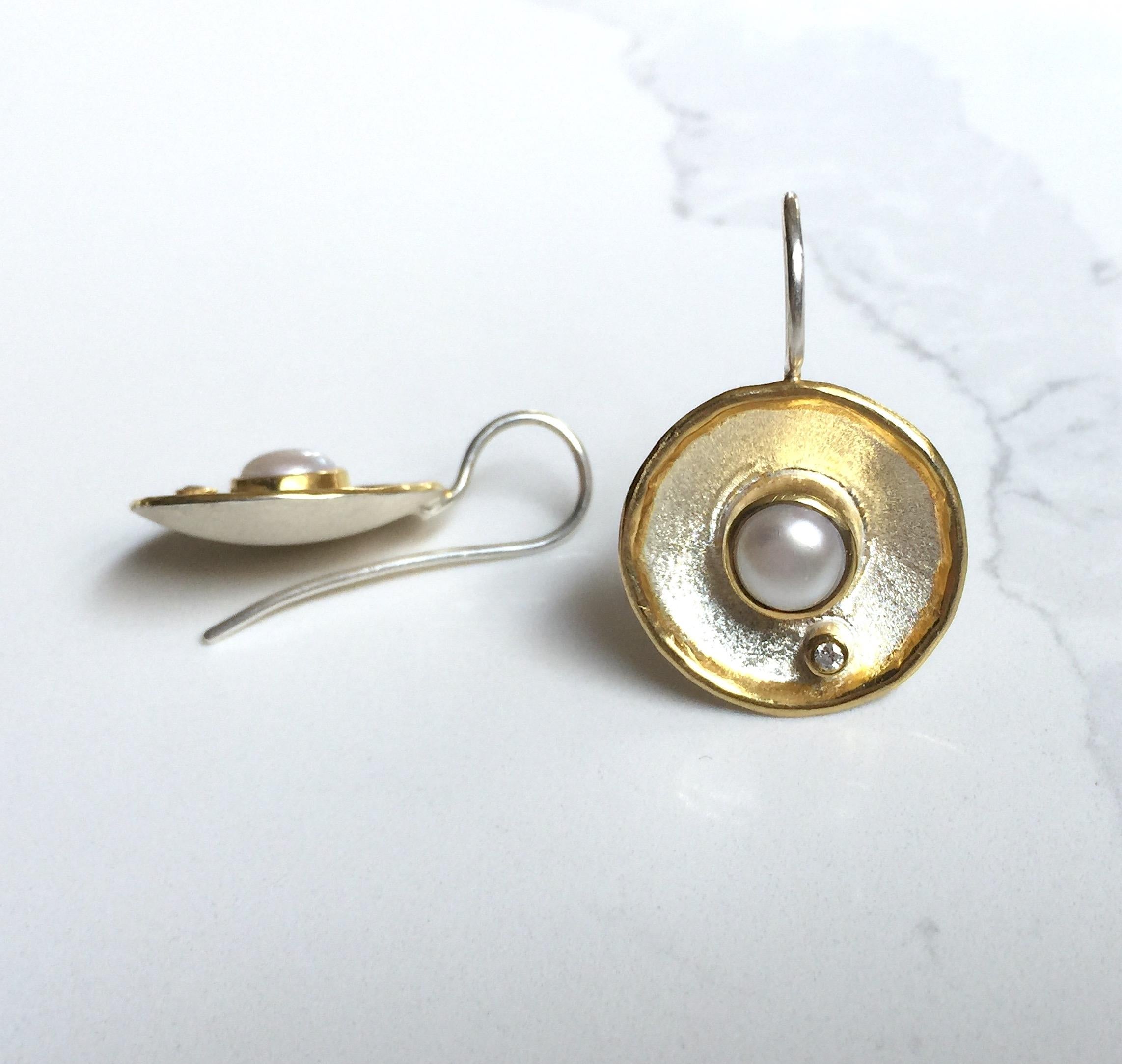 Round Cut Yianni Creations Pearl and Diamond Fine Silver 24 Karat Gold Dangle Earrings