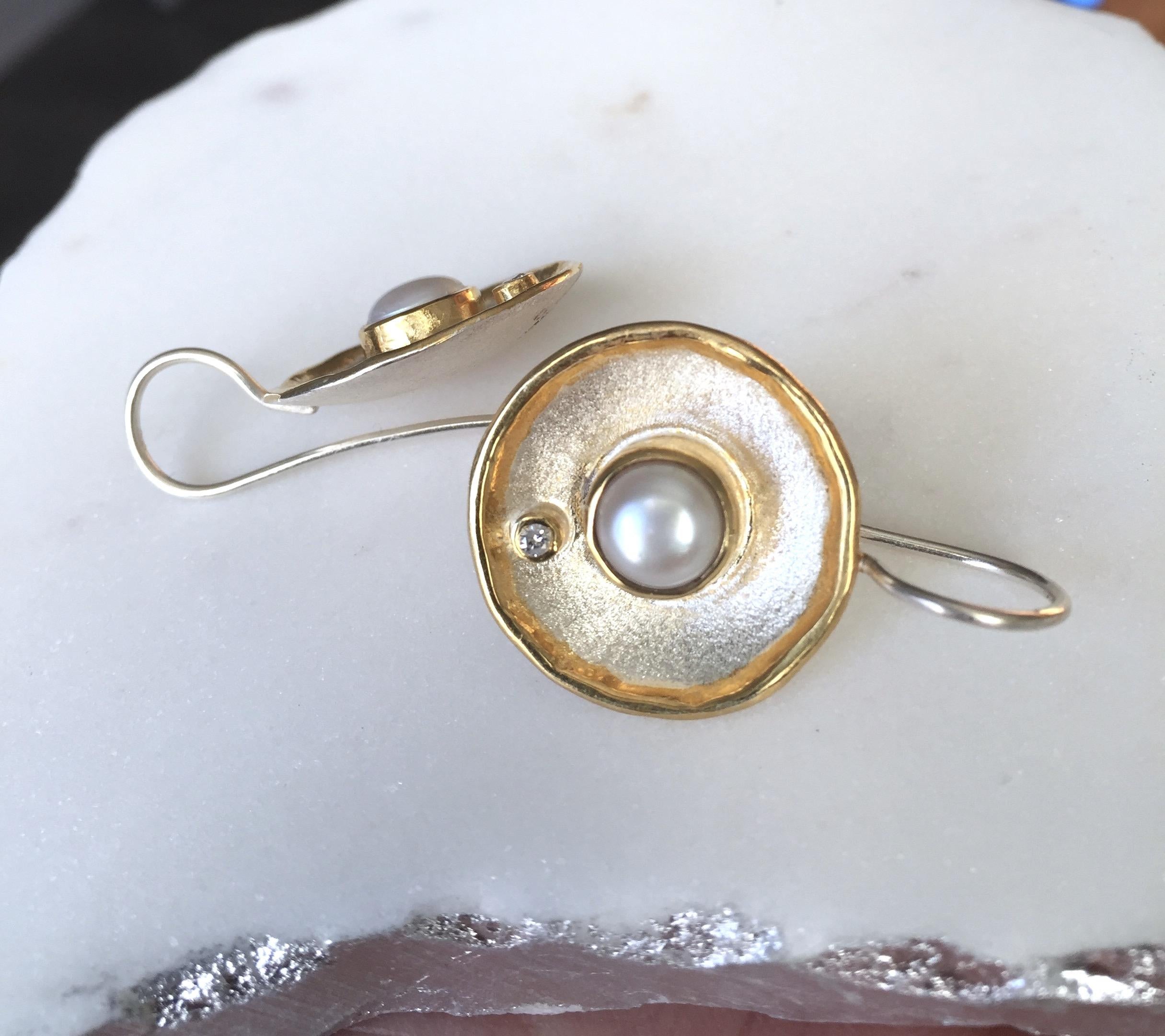 Women's Yianni Creations Pearl and Diamond Fine Silver 24 Karat Gold Dangle Earrings