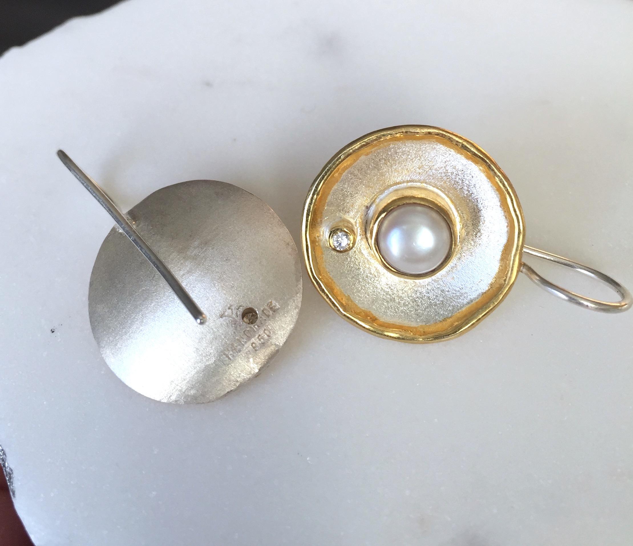 Yianni Creations Pearl and Diamond Fine Silver 24 Karat Gold Dangle Earrings 1