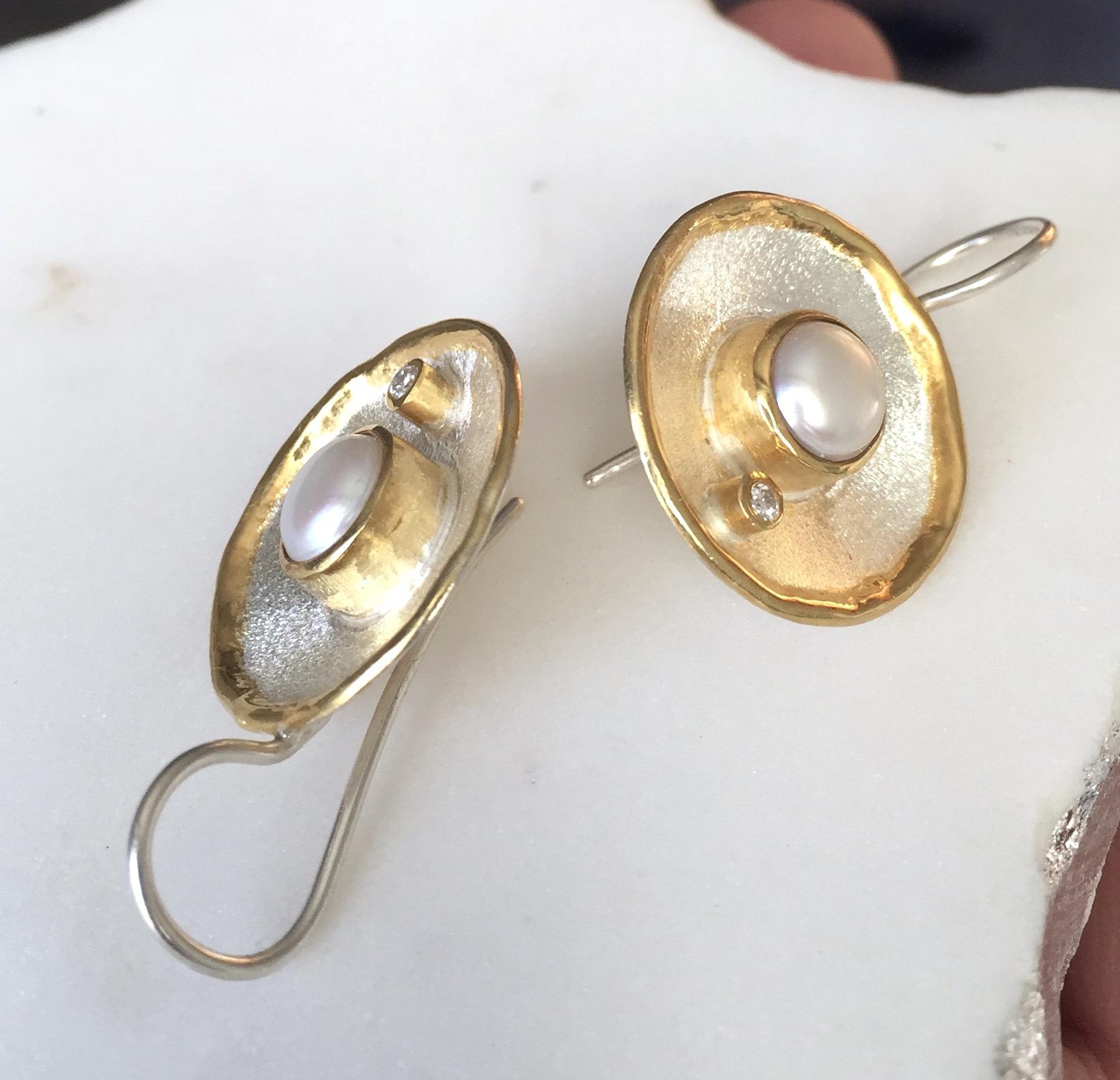Yianni Creations Pearl and Diamond Fine Silver 24 Karat Gold Dangle Earrings 2