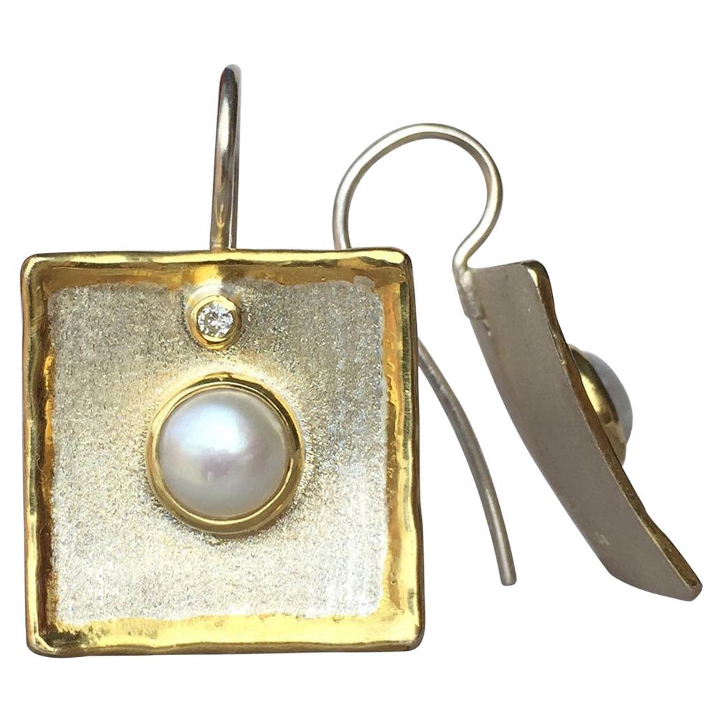 Yianni Creations Pearl and Diamond Fine Silver 24 Karat Gold Dangle Earrings