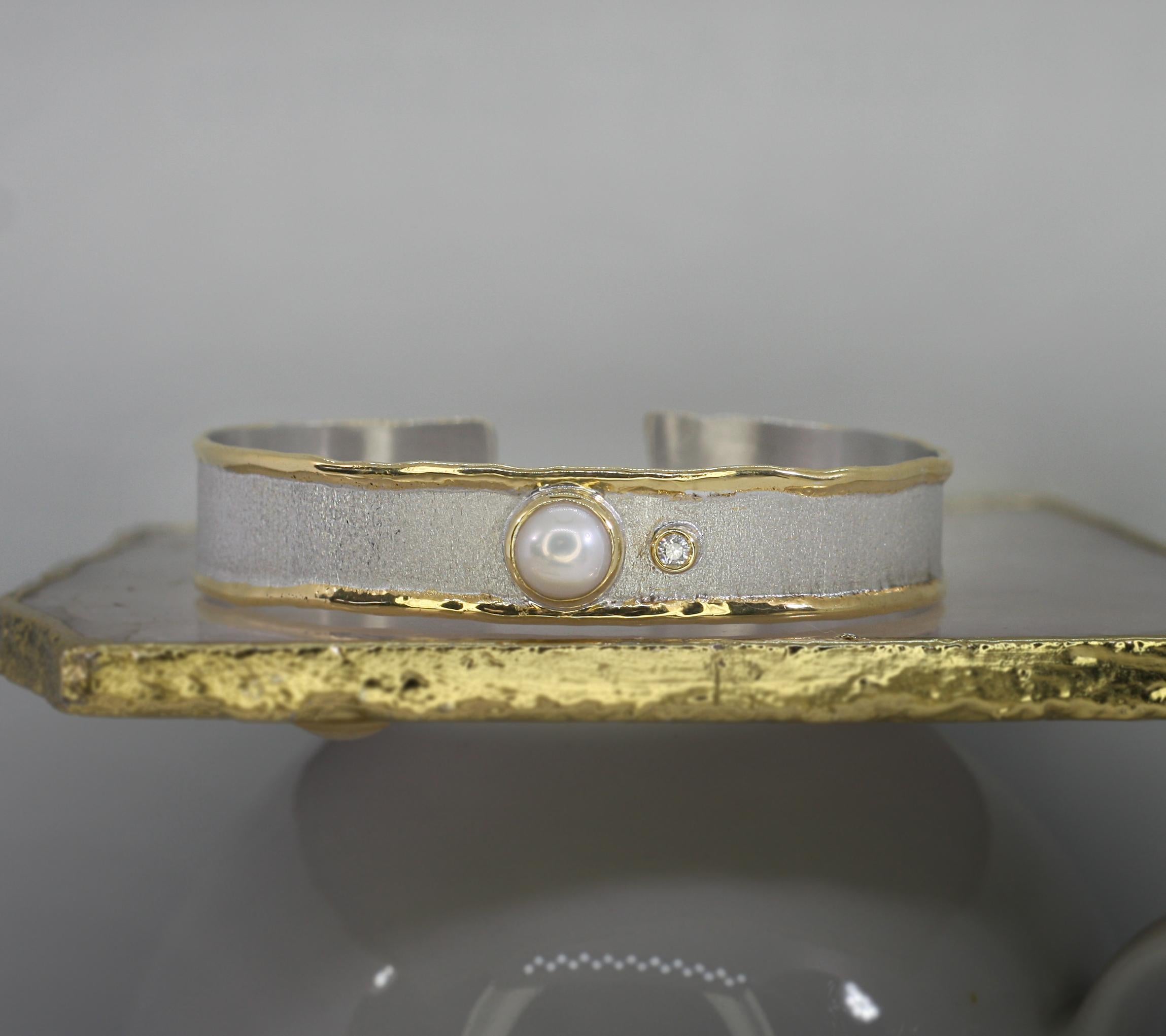 Yianni Creations Pearl and Diamond Fine Silver and Gold Two-Tone Cuff Bracelet 4