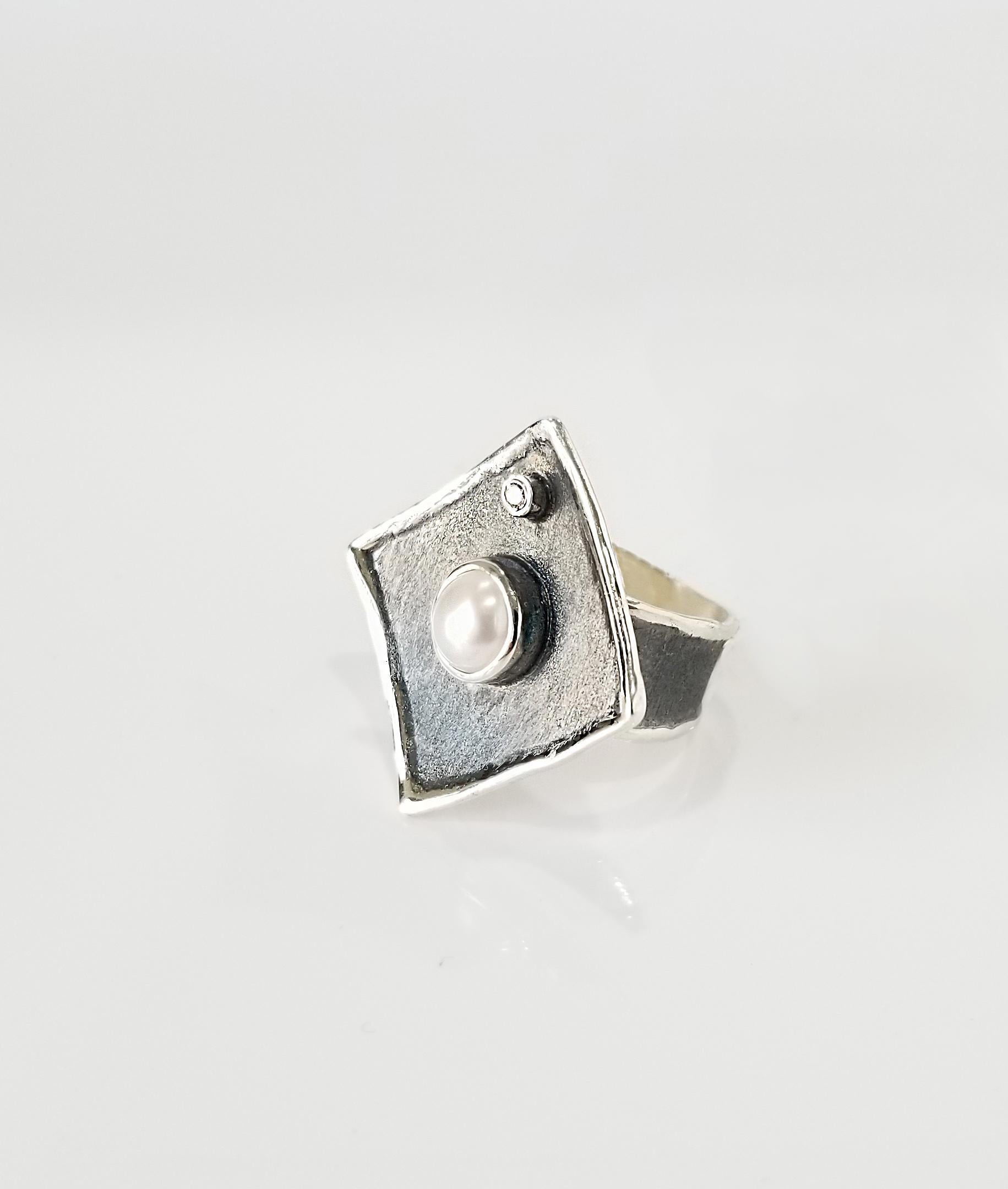 Contemporary Yianni Creations Pearl and Diamond Fine Silver and Oxidized Rhodium Wide Ring For Sale