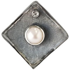 Yianni Creations Pearl and Diamond Fine Silver and Oxidized Rhodium Wide Ring