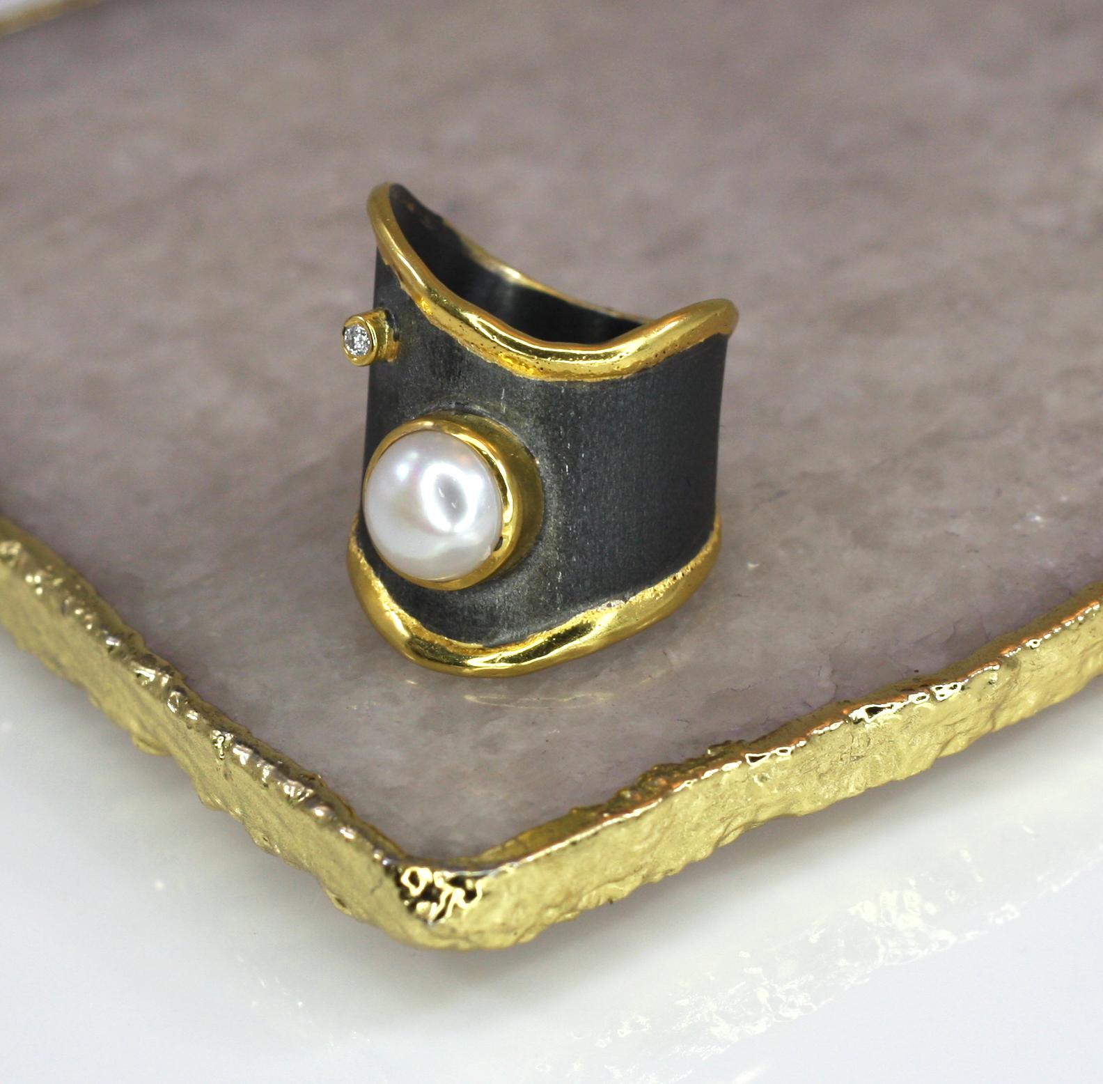 Yianni Creations Pearl and Diamond Fine Silver Rhodium and 24 Karat Gold Ring 8