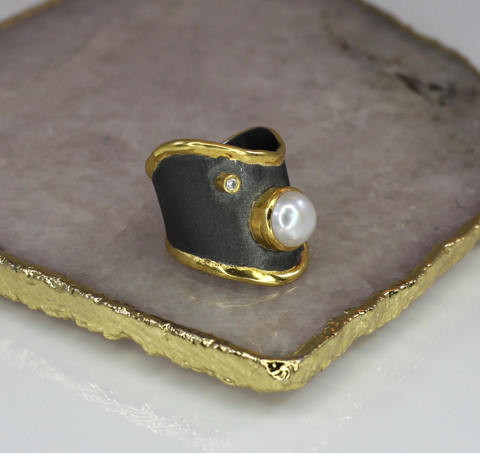 Yianni Creations Pearl and Diamond Fine Silver Rhodium and 24 Karat Gold Ring 10