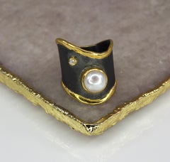 Yianni Creations Pearl and Diamond Fine Silver Rhodium 24 Karat Gold Band Ring