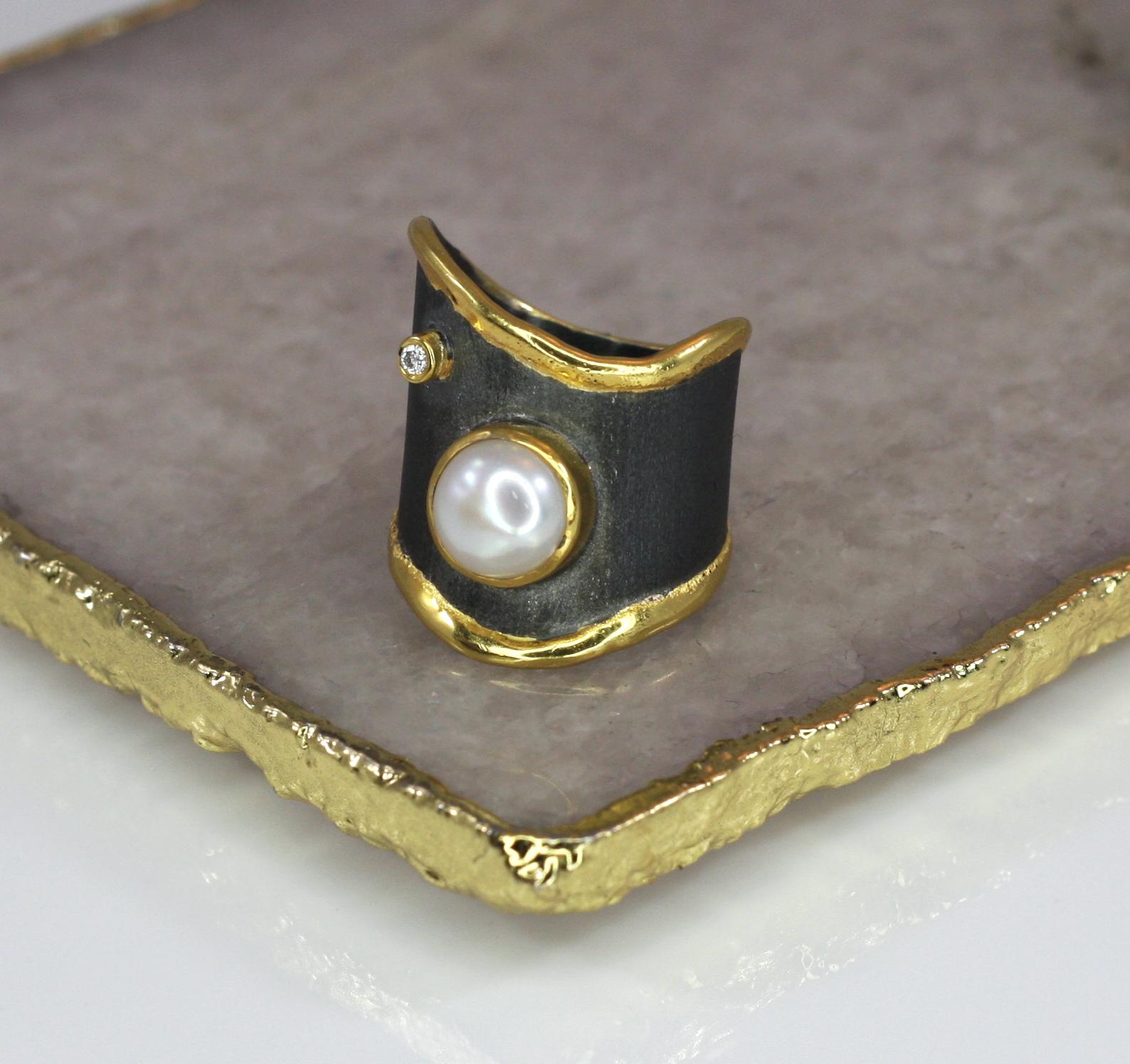 Round Cut Yianni Creations Pearl and Diamond Fine Silver Rhodium and 24 Karat Gold Ring