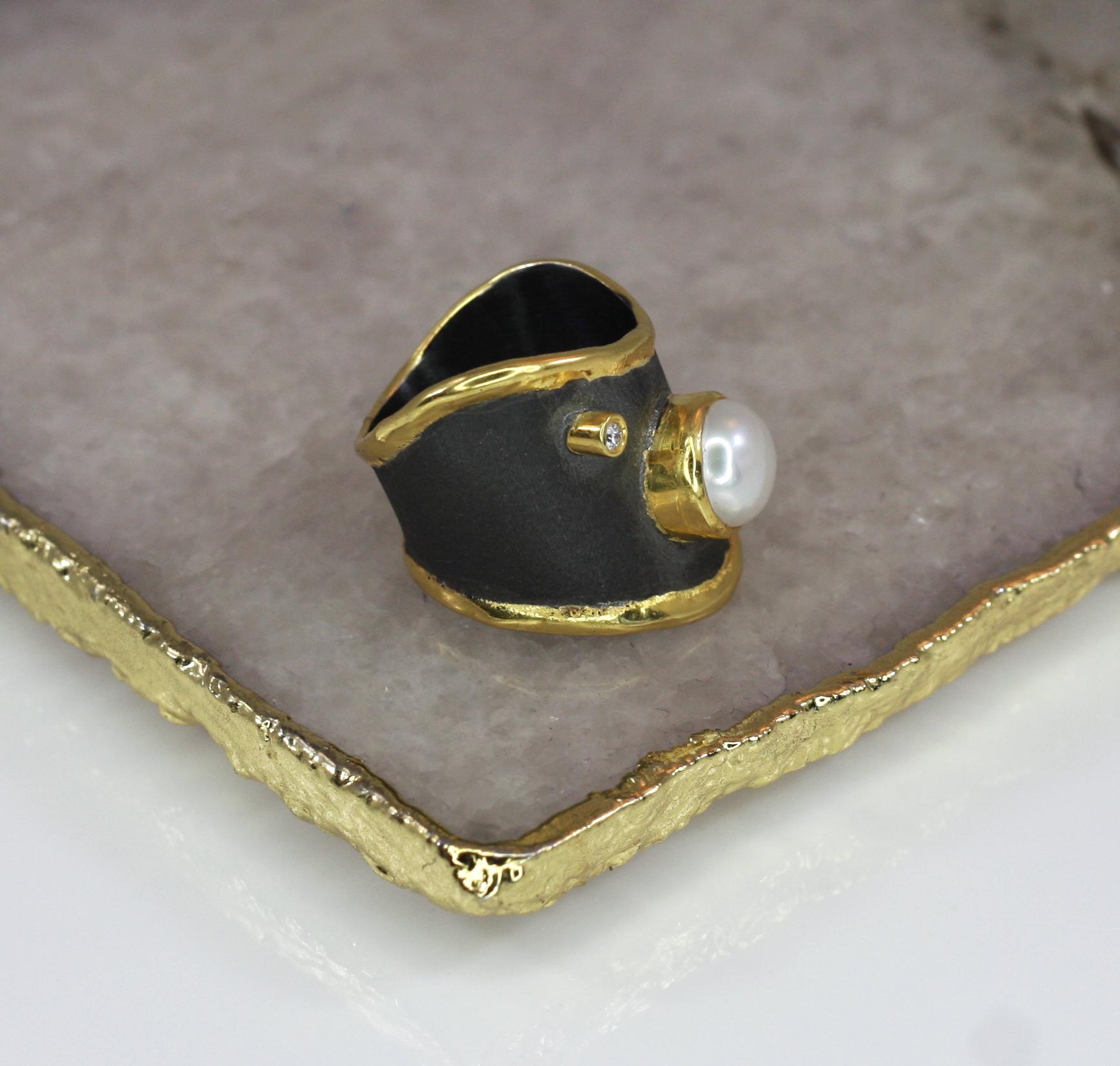 Yianni Creations Pearl and Diamond Fine Silver Rhodium 24 Karat Gold Band Ring 3
