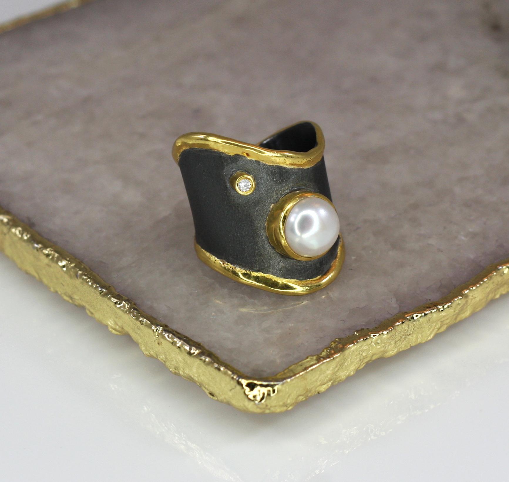 Yianni Creations Pearl and Diamond Fine Silver Rhodium 24 Karat Gold Band Ring 4