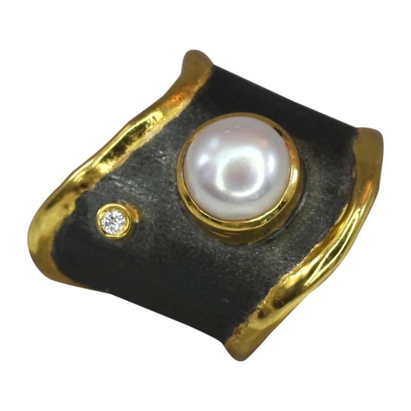 Yianni Creations Pearl and Diamond Fine Silver Rhodium and 24 Karat Gold Ring
