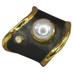 Yianni Creations Pearl and Diamond Fine Silver Rhodium 24 Karat Gold Band Ring