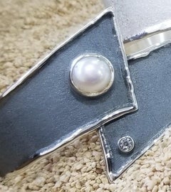 Yianni Creations Pearl and Diamond Fine Silver Black Rhodium Bangle Bracelet
