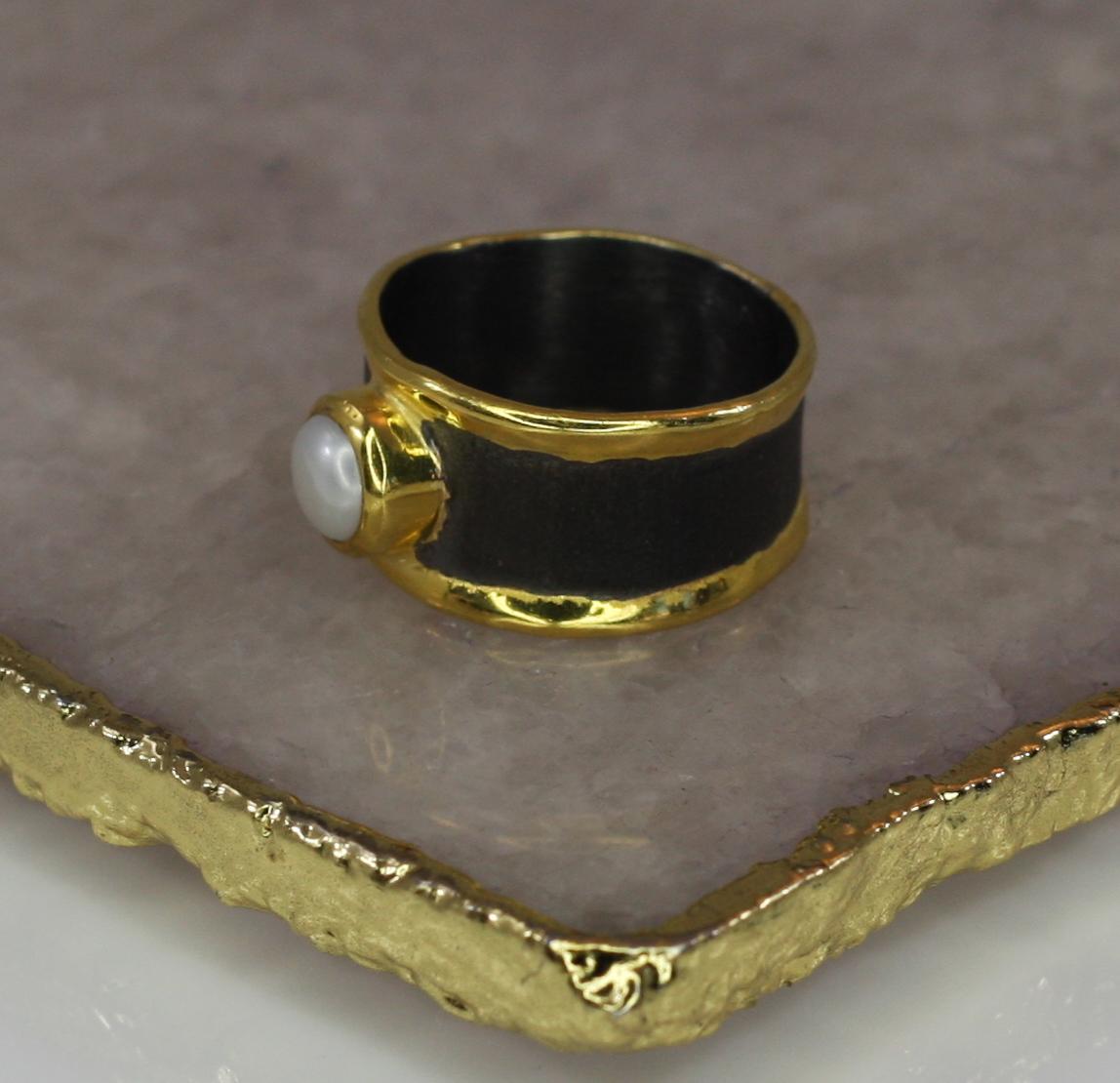 Yianni Creations Pearl Fine Silver Black Rhodium 24 Karat Gold Wide Band Ring 2