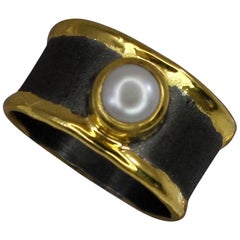 Yianni Creations Pearl Fine Silver Black Rhodium 24 Karat Gold Wide Band Ring