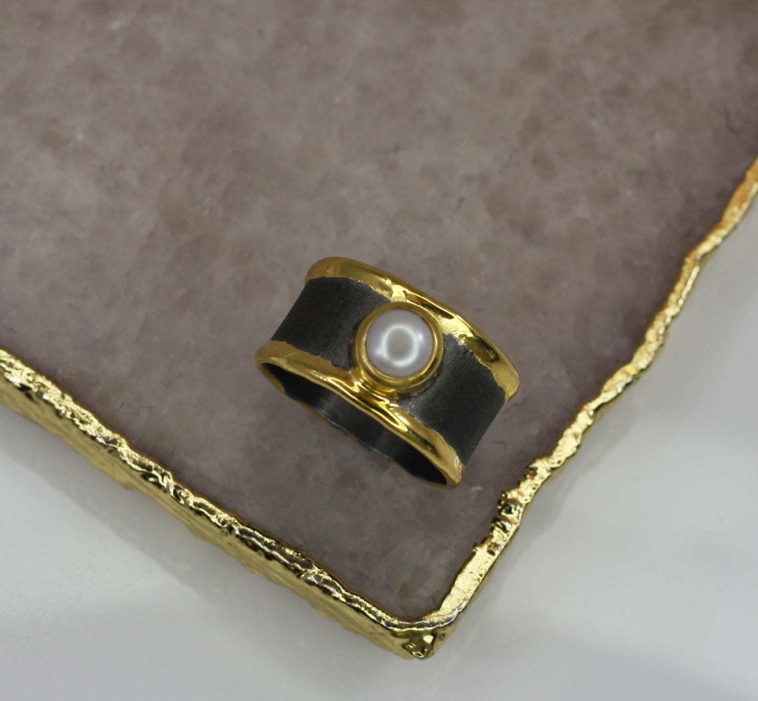 Yianni Creations Pearl Band Ring in Fine Silver Rhodium and 24 Karat Gold 4