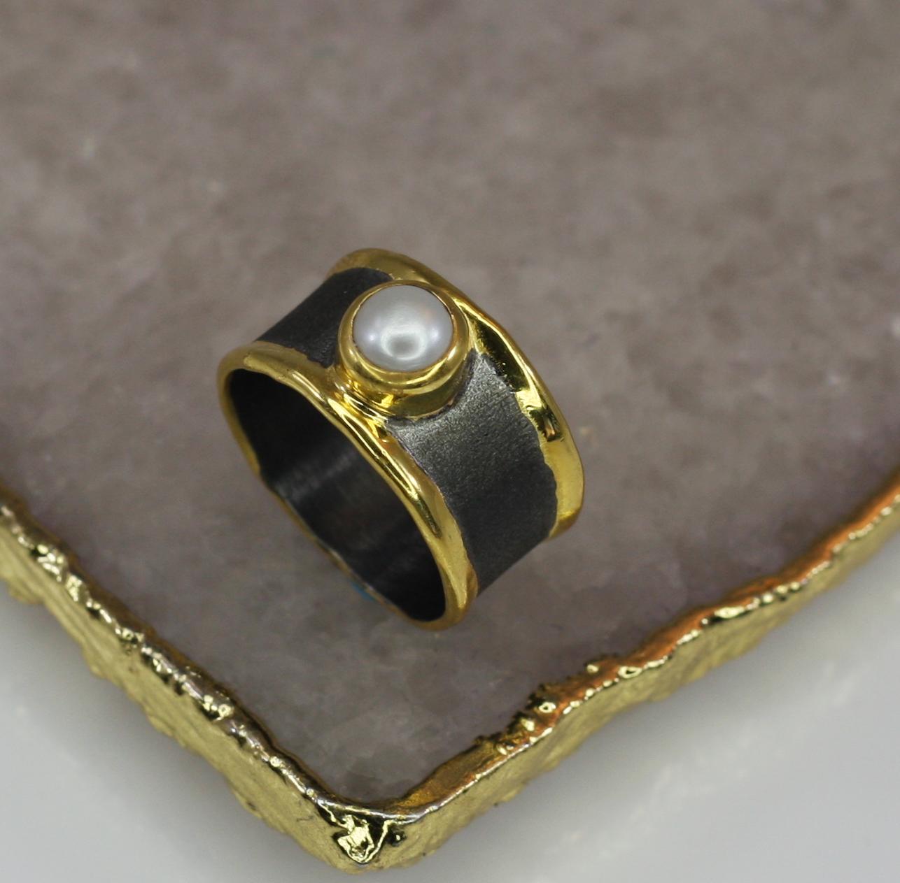 Yianni Creations Pearl Band Ring in Fine Silver Rhodium and 24 Karat Gold 3