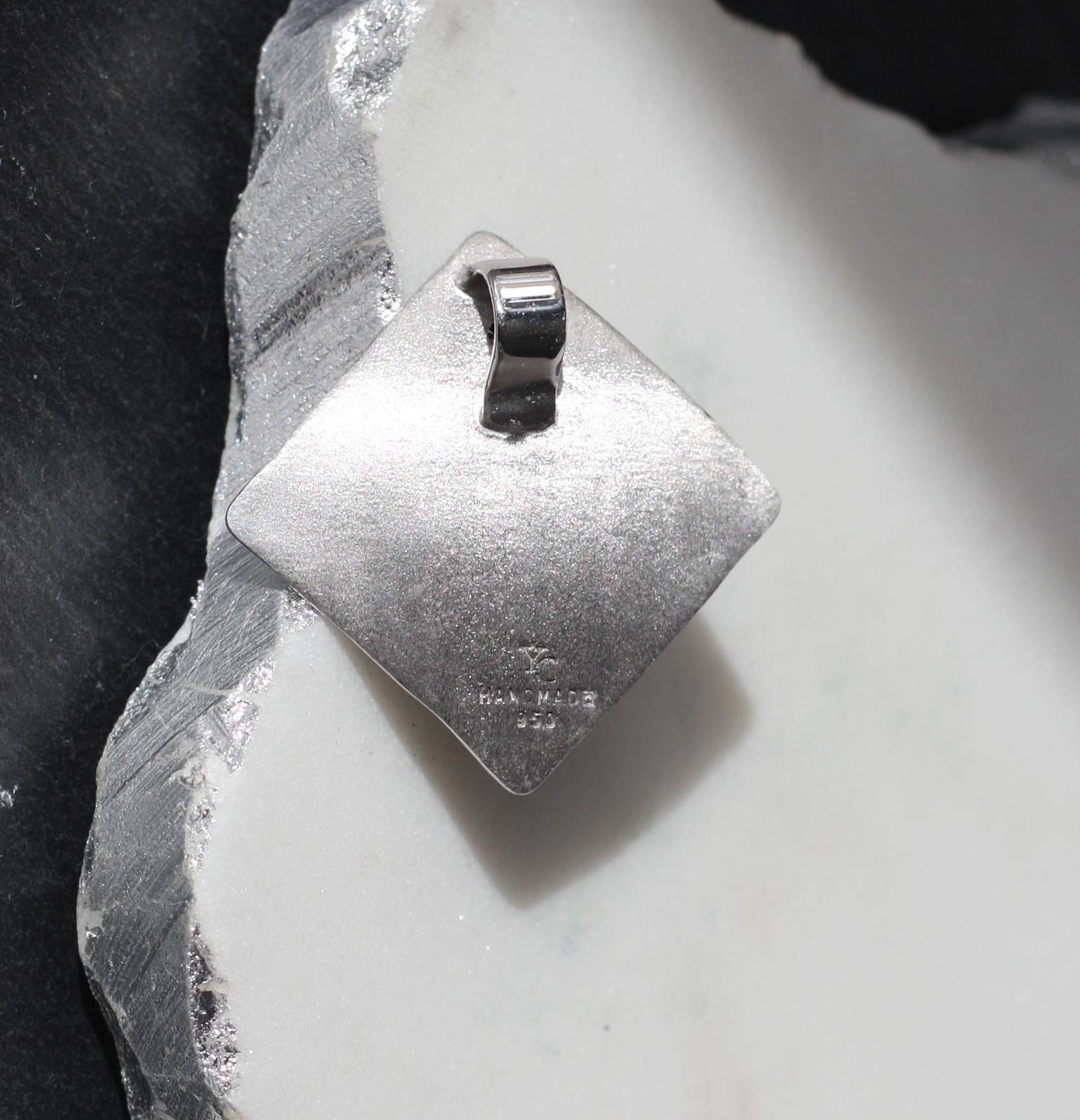 Women's or Men's Yianni Creations Pearl Diamond Fine Silver Rhodium Geometric Pendant Necklace  For Sale